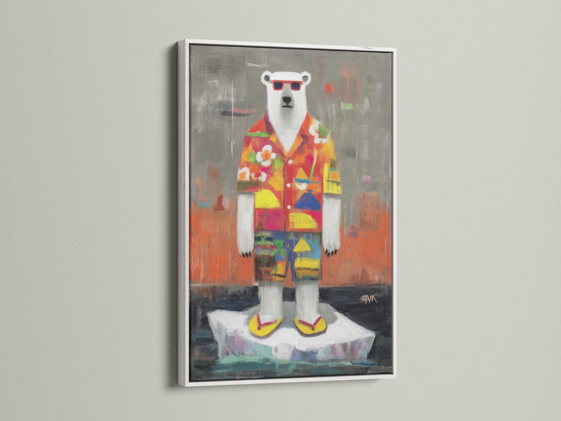 Stylised polar bear wearing red sunglasses and a colourful tropical shirt against a grey background detail view