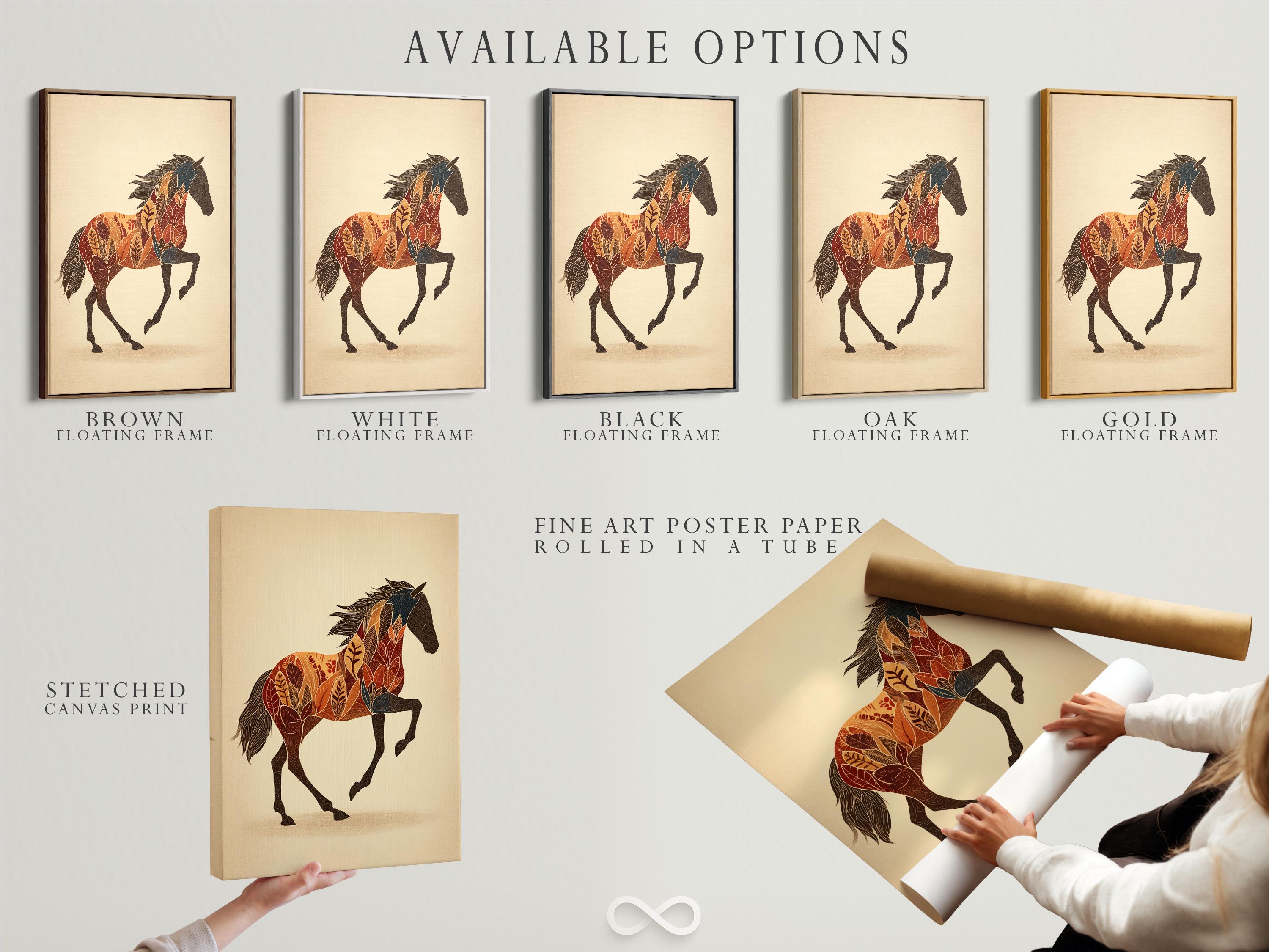 Mockup of a framed horse artwork with botanical leaf pattern on a pale beige background