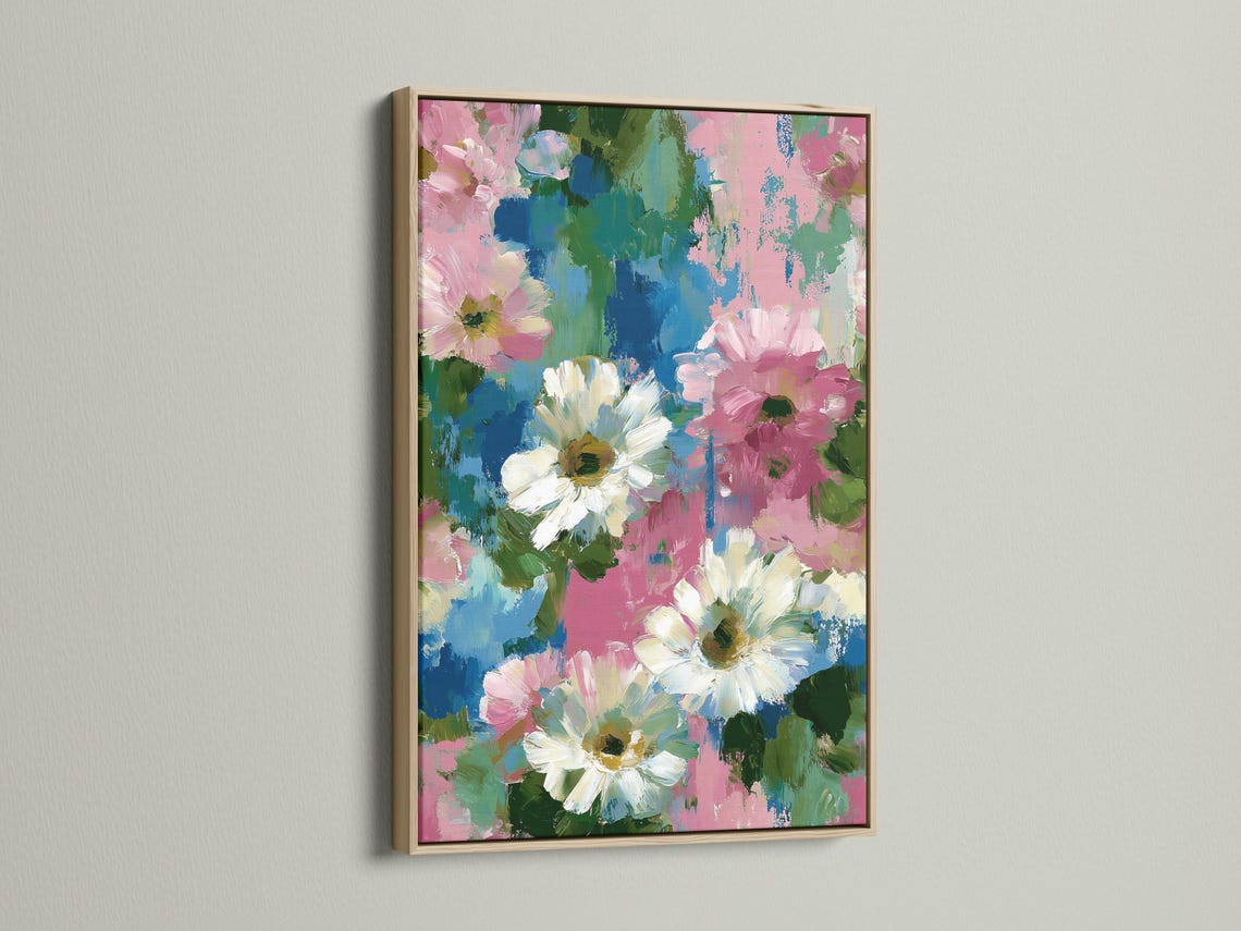 Room mockup showing a framed floral artwork with pink, white, teal and green brush textures