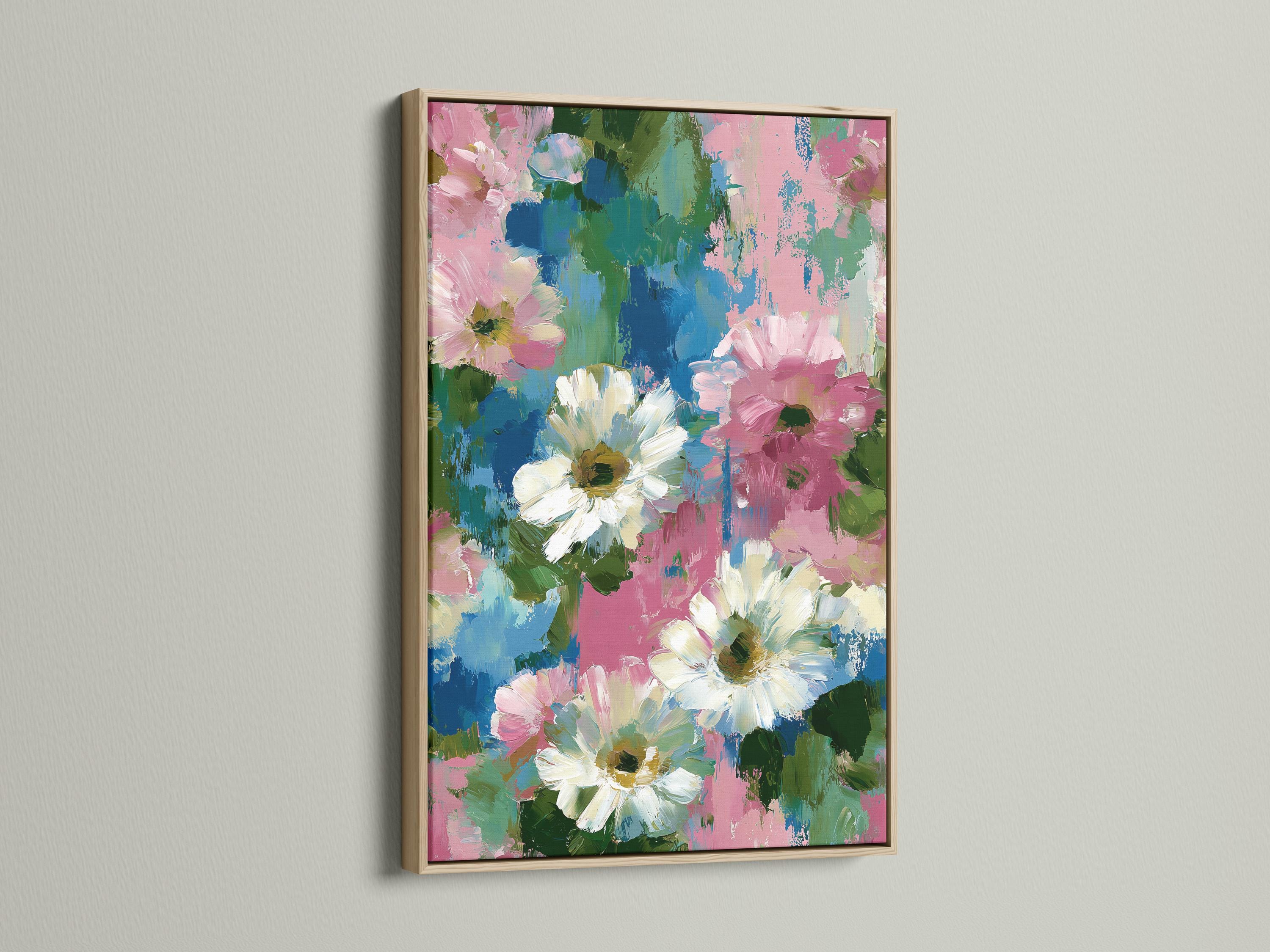 Room mockup showing a framed floral artwork with pink, white, teal and green brush textures