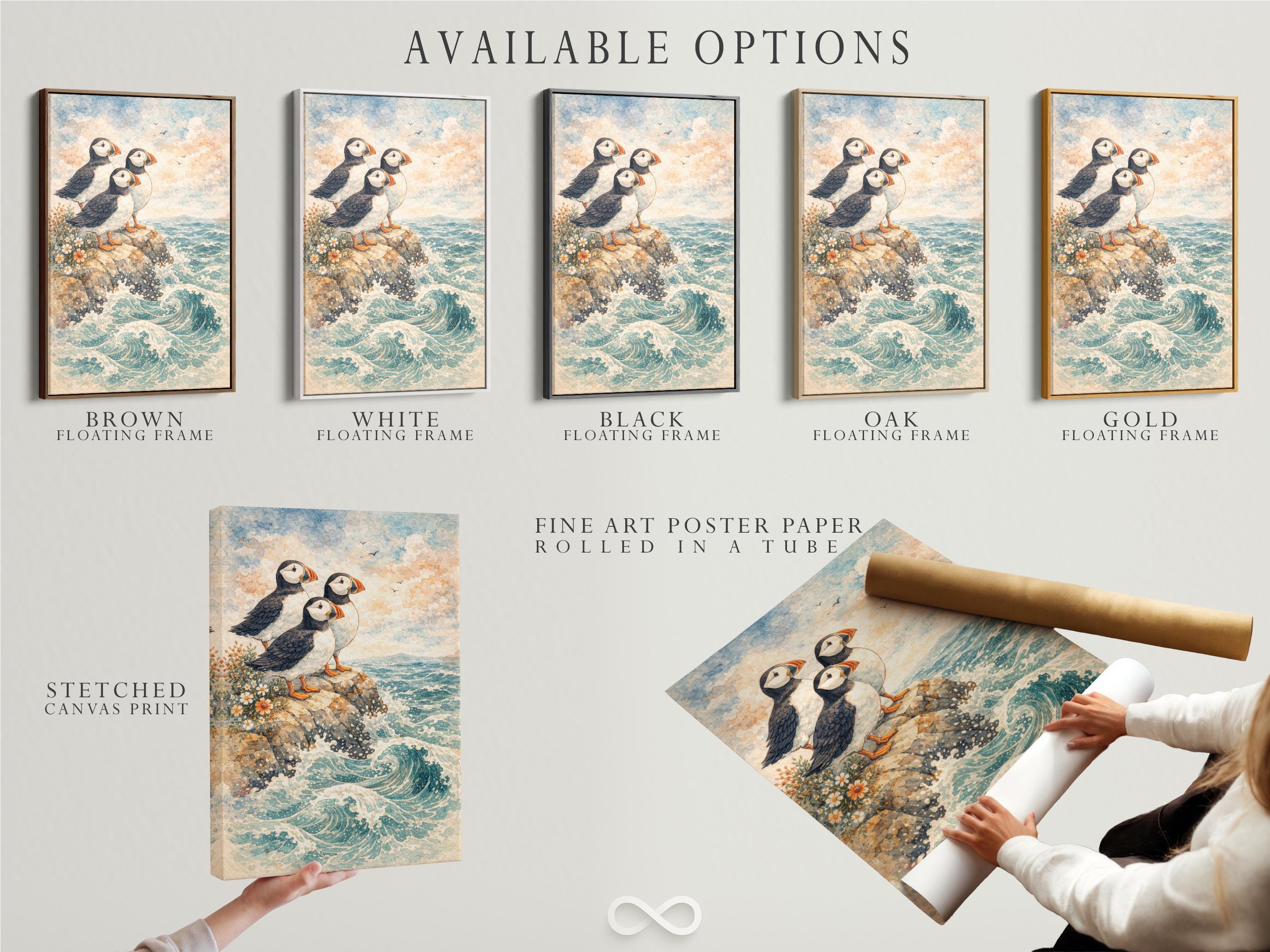Illustrated puffins perched on a rocky cliff above swirling ocean waves with wildflowers and clouds detail view