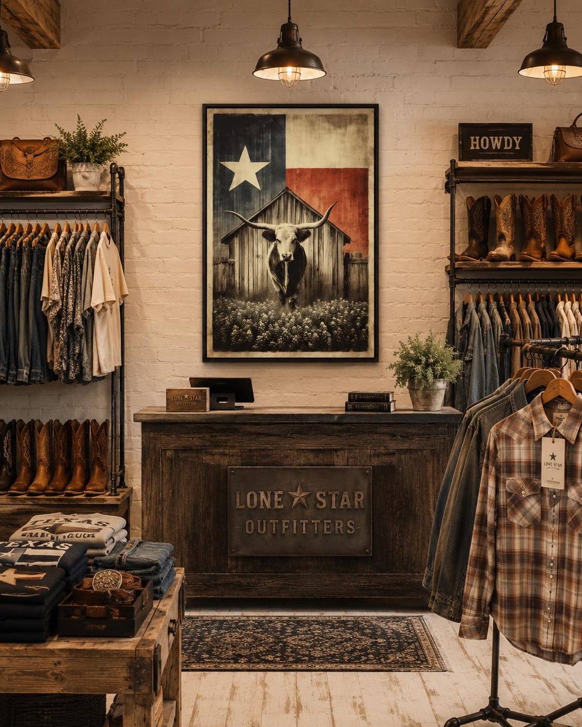 Longhorn steer illustration beneath a barn silhouette and a five-point star on a distressed sepia and charcoal background detail view