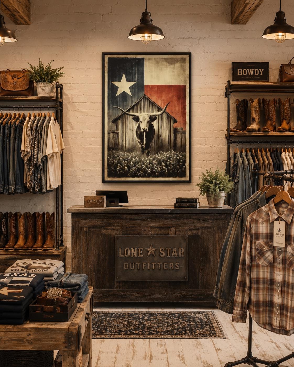 Longhorn steer illustration beneath a barn silhouette and a five-point star on a distressed sepia and charcoal background detail view