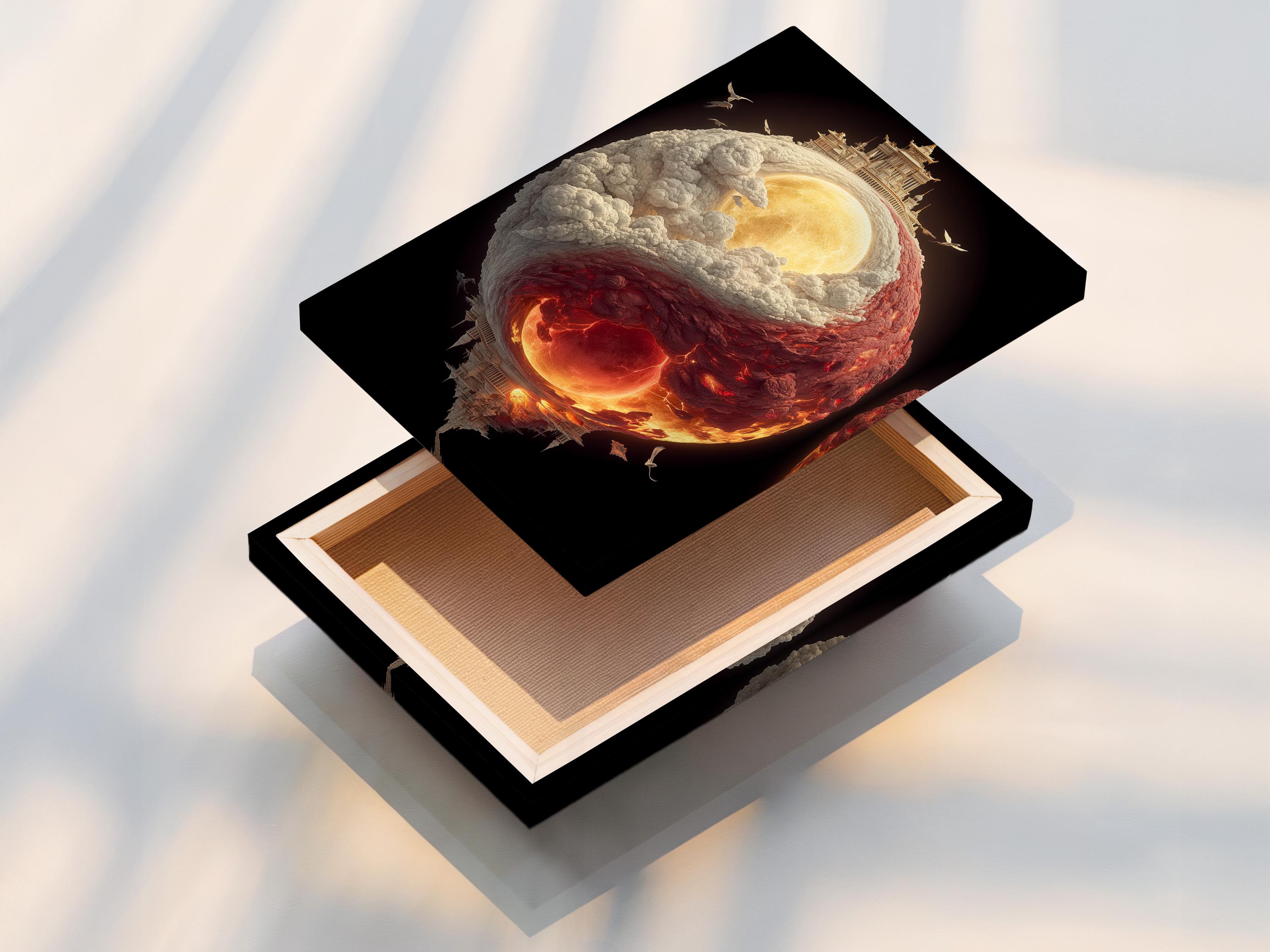 Yin–Yang inspired glowing sphere with cloud textures, fire colours, temple silhouettes and small flying birds detail view