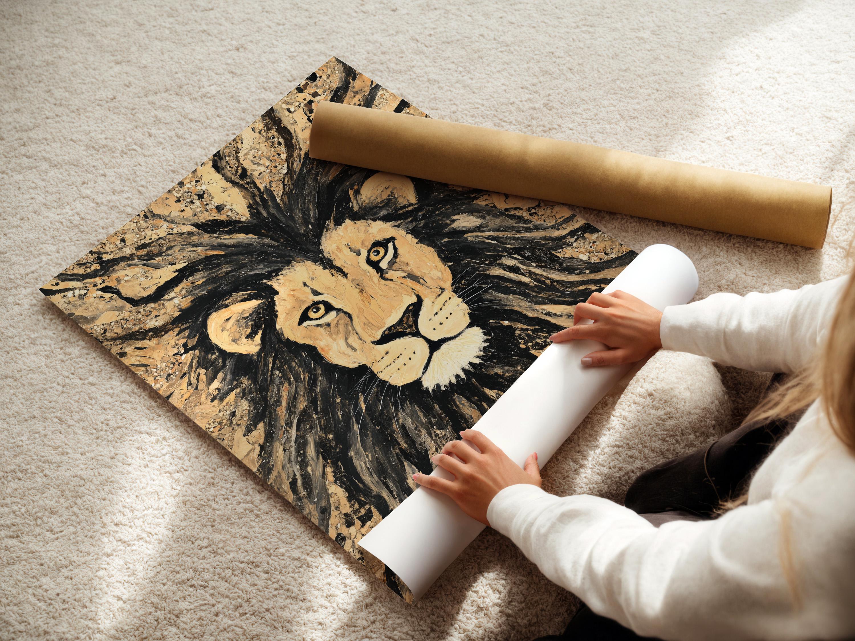 Stylised lion portrait with radiating mane strokes in beige, black and gold tones detail view