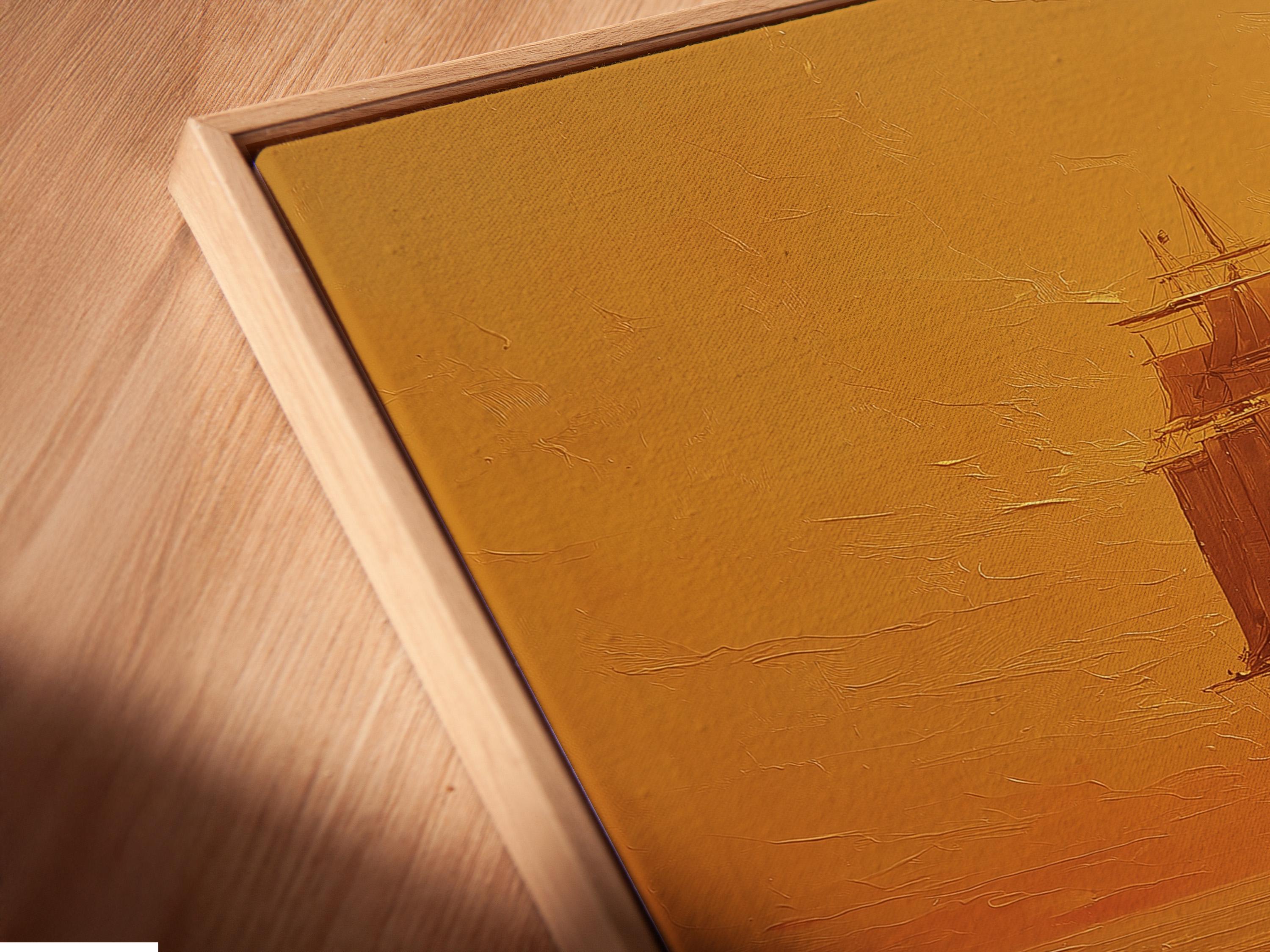 Room mockup showing a warm golden seascape with a sailing ship and glowing sun