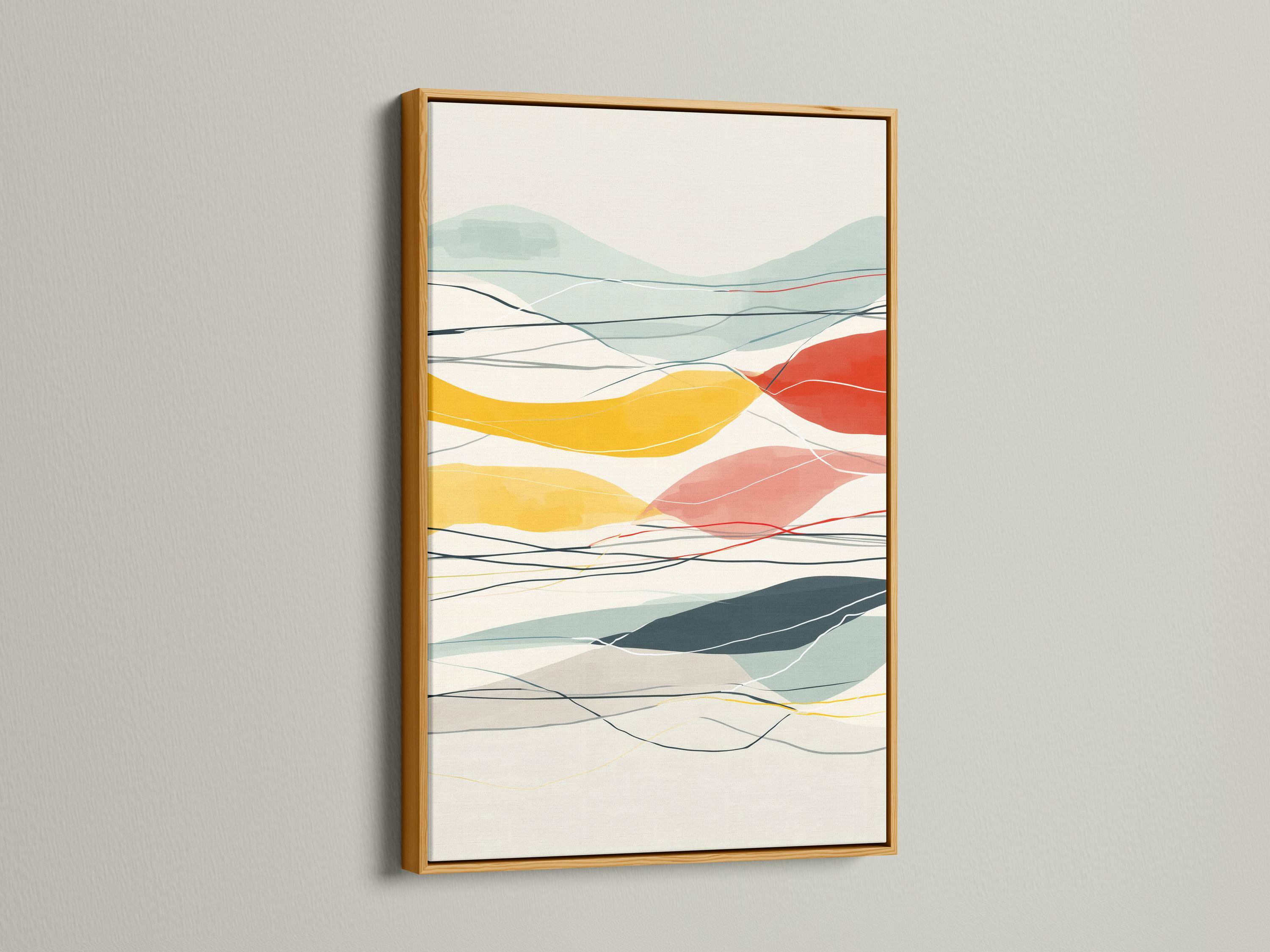 Mountain-inspired abstract geometric landscape in mint, cream, ochre and red with contour lines detail view
