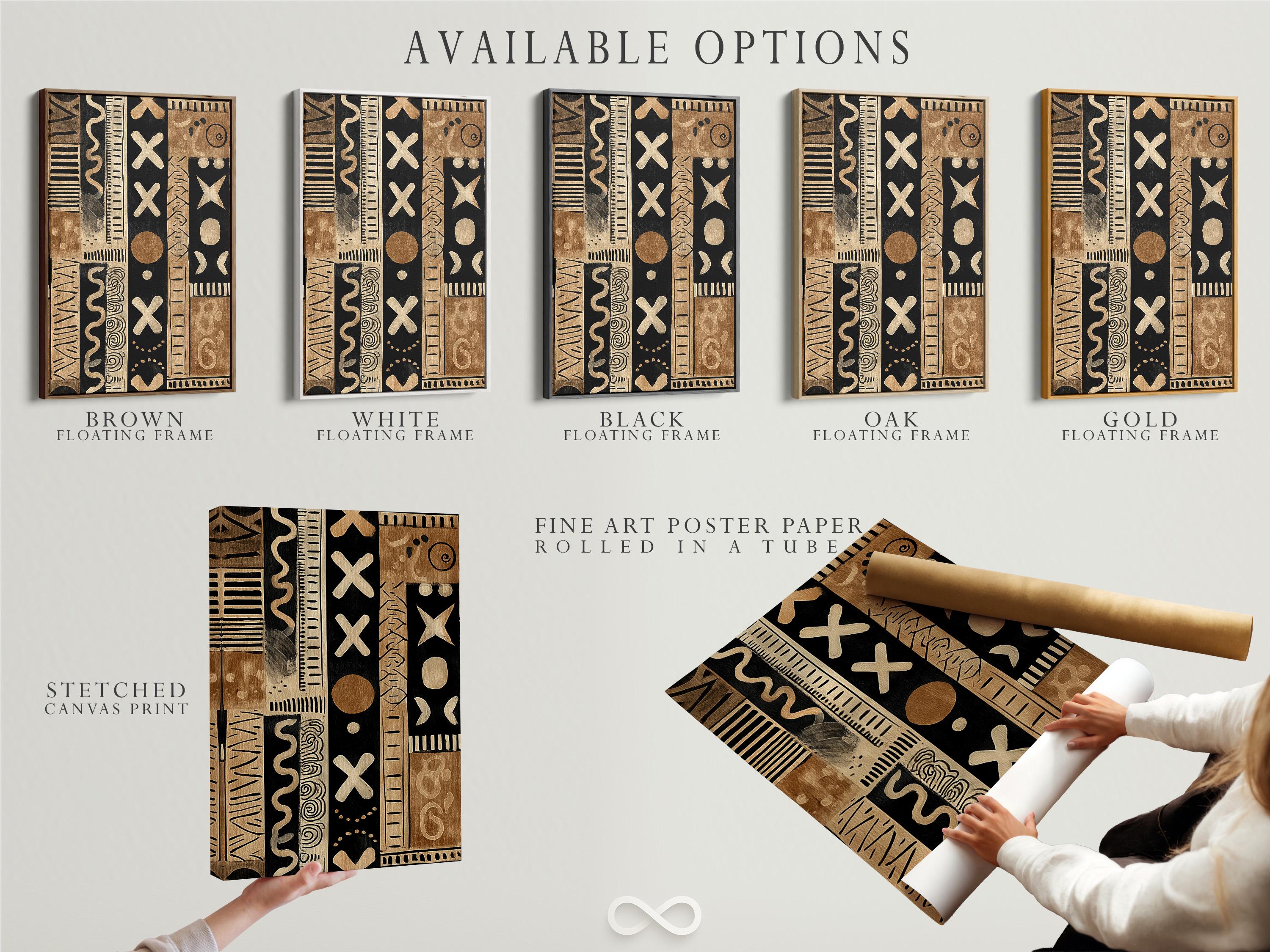 Living room mockup with a framed beige and black tribal abstract pattern above a sofa