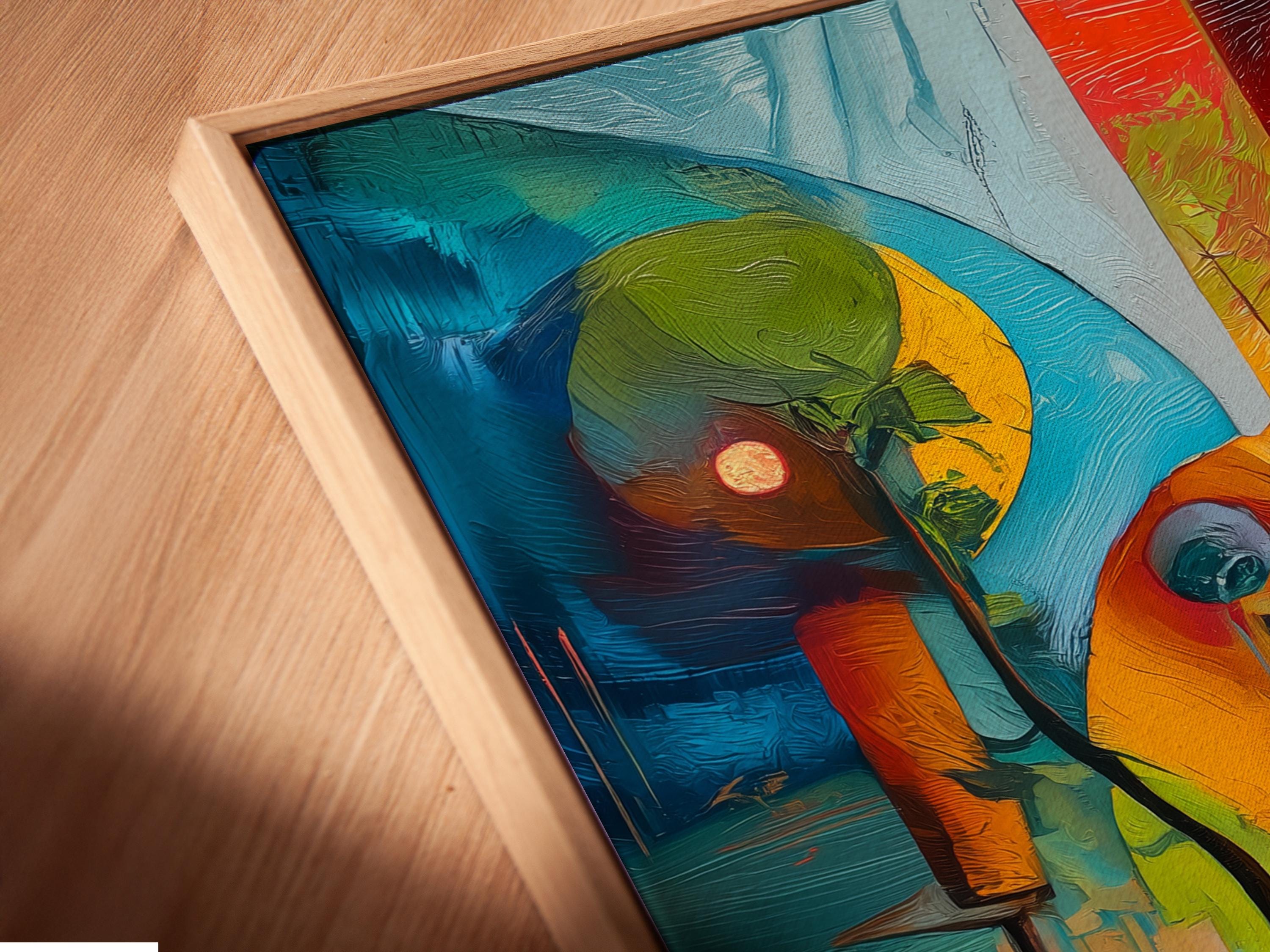 Person in yellow holding a cup standing beside a framed abstract geometric artwork
