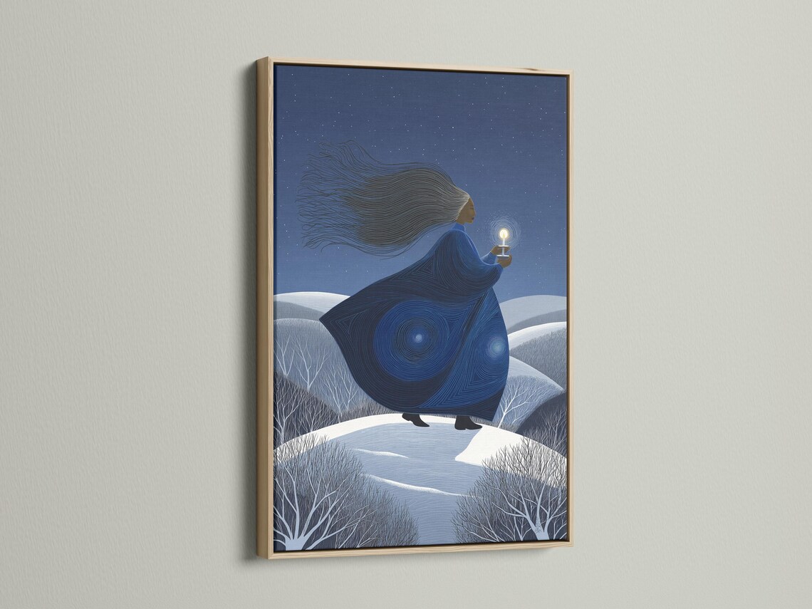 Indigo winter night artwork of a woman holding a glowing lantern above snowy hills and stars detail view