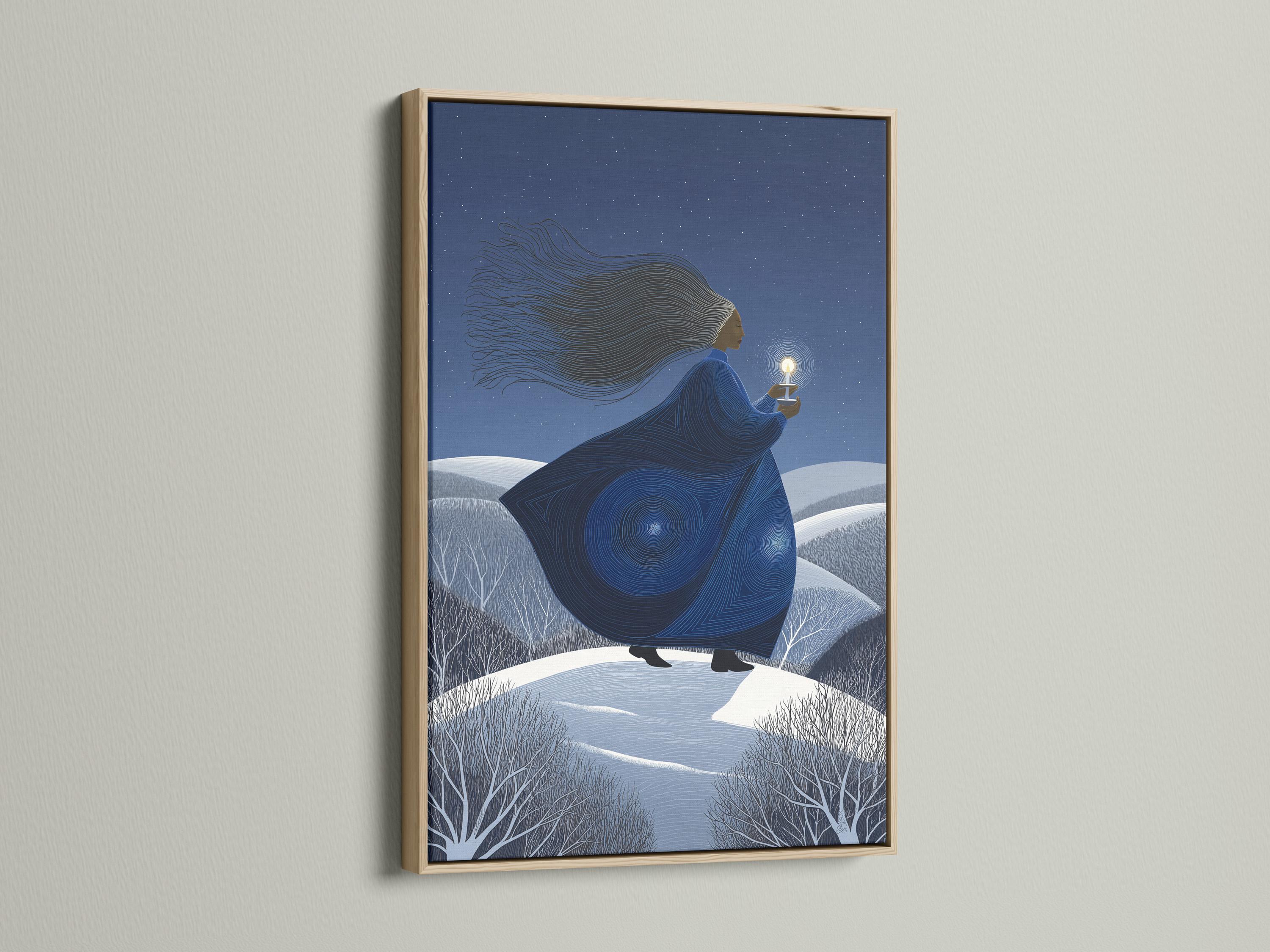 Indigo winter night artwork of a woman holding a glowing lantern above snowy hills and stars detail view