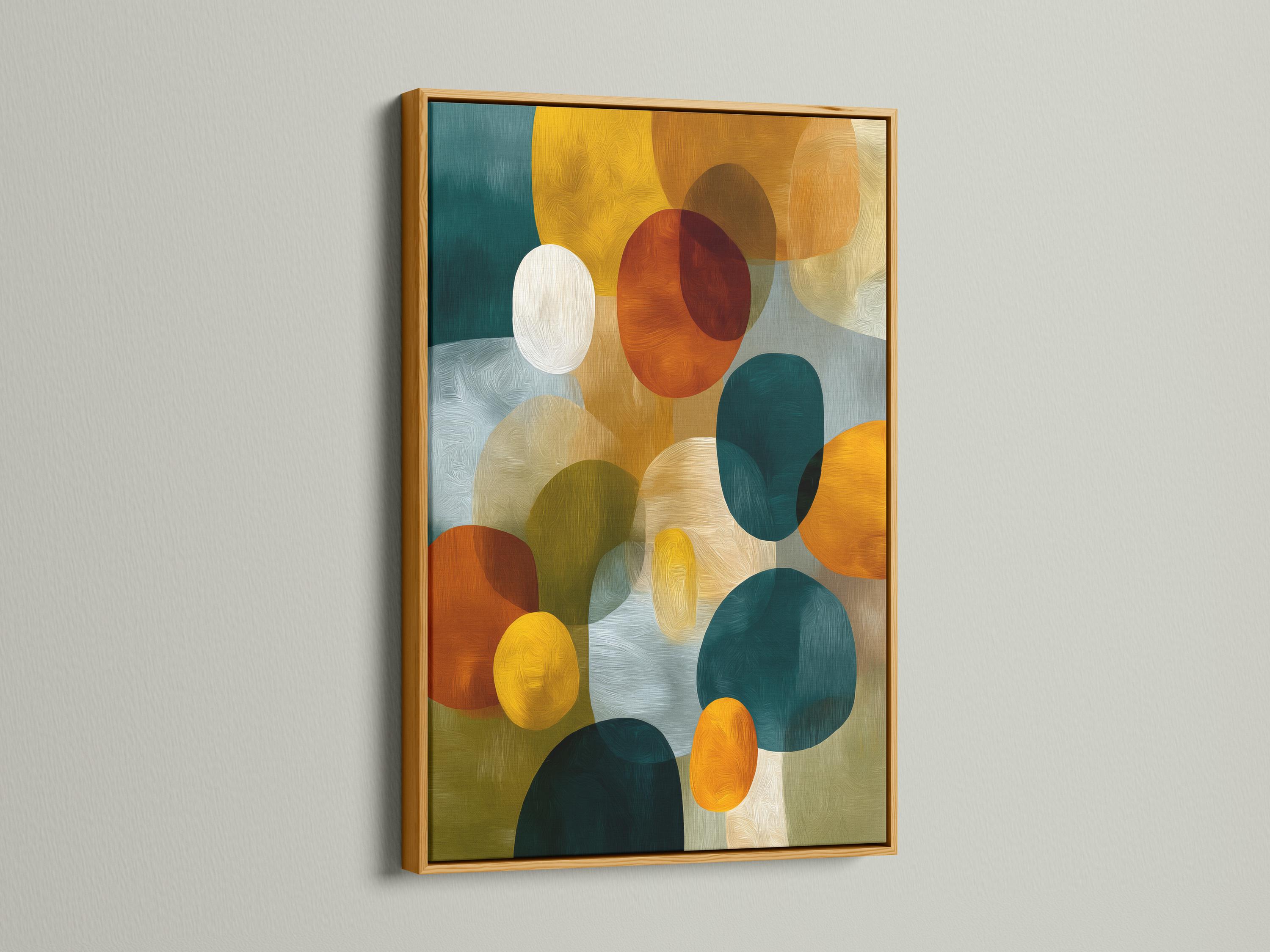 Abstract artwork with overlapping circles and oval shapes in teal, mustard yellow, orange and red detail view