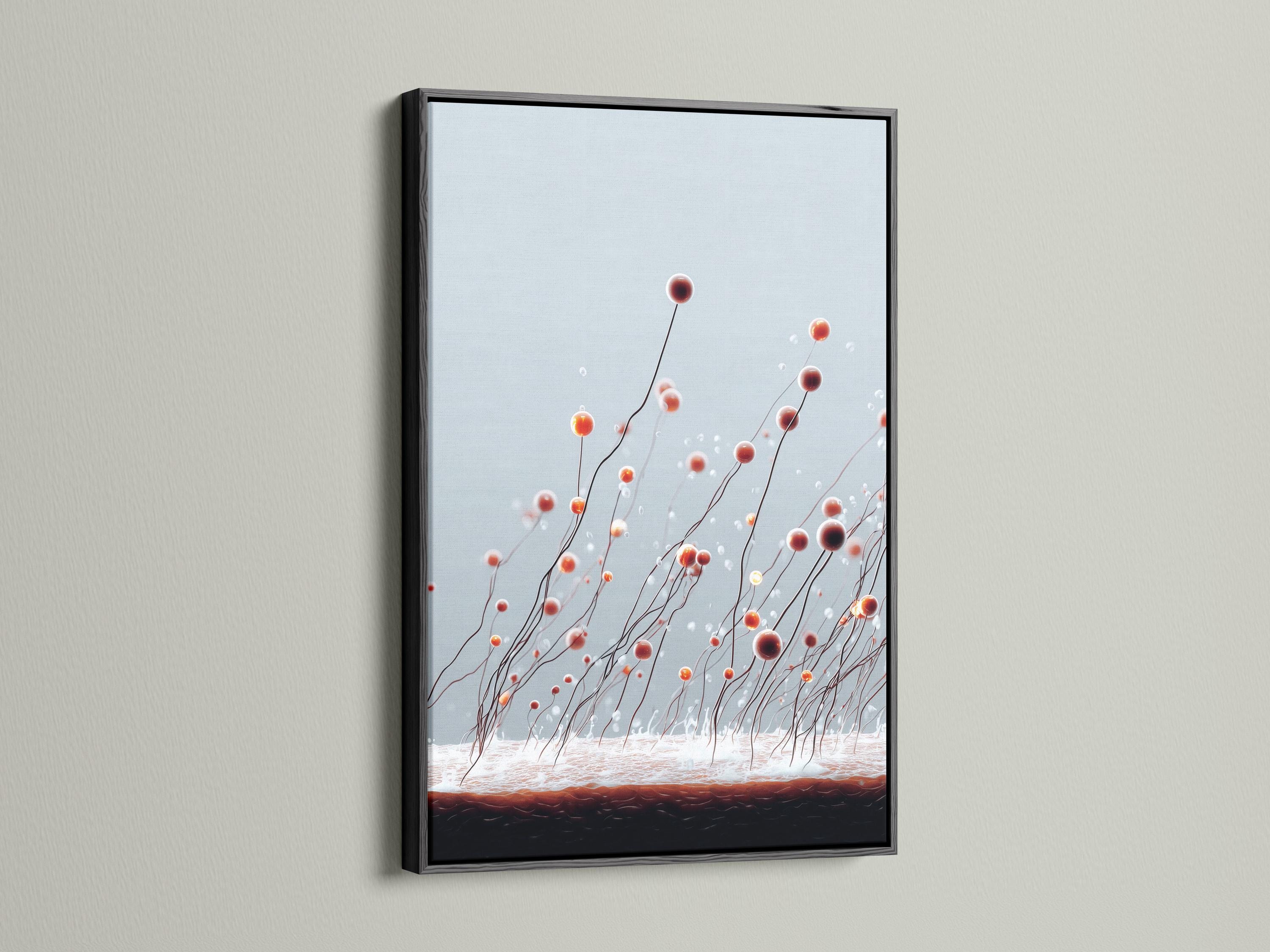 Abstract botanical artwork with curved stems and floating rust and orange bud-like spheres on a pale blue-grey background detail view