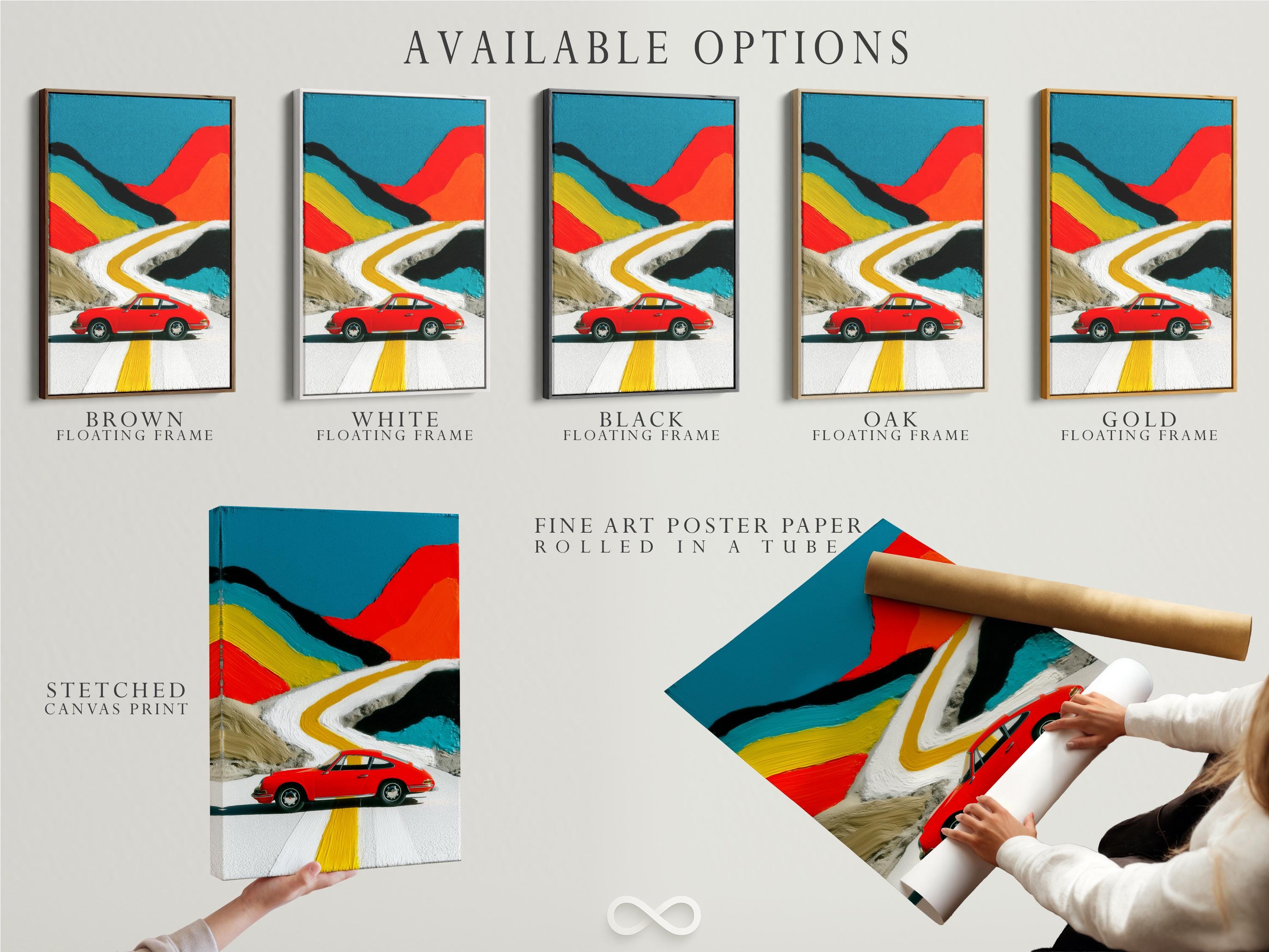 Red classic car on a winding white road with a yellow centre line and teal and red abstract backdrop detail view