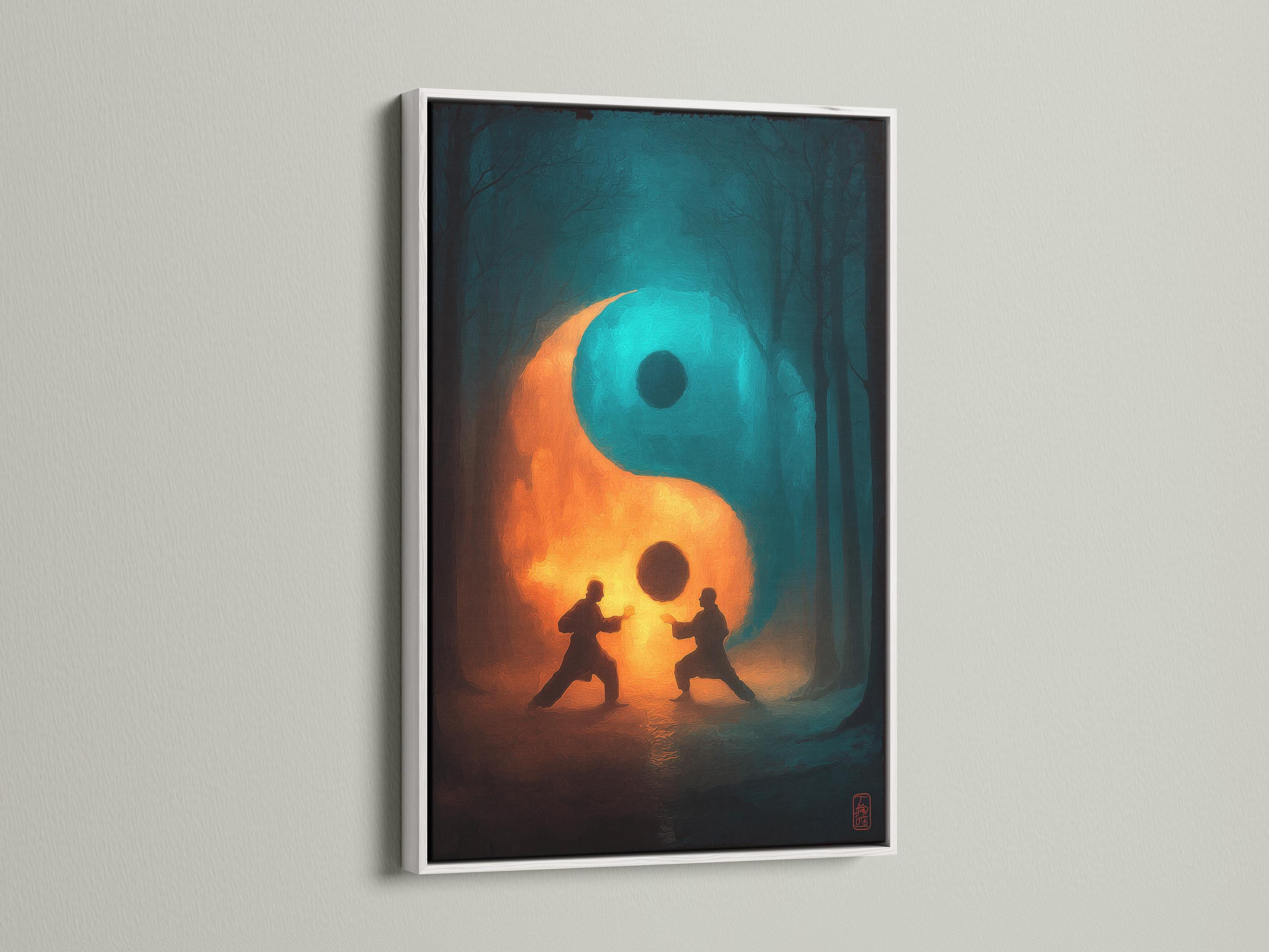 Room mockup showing a framed artwork with a teal and orange yin-yang symbol and two meditating figures