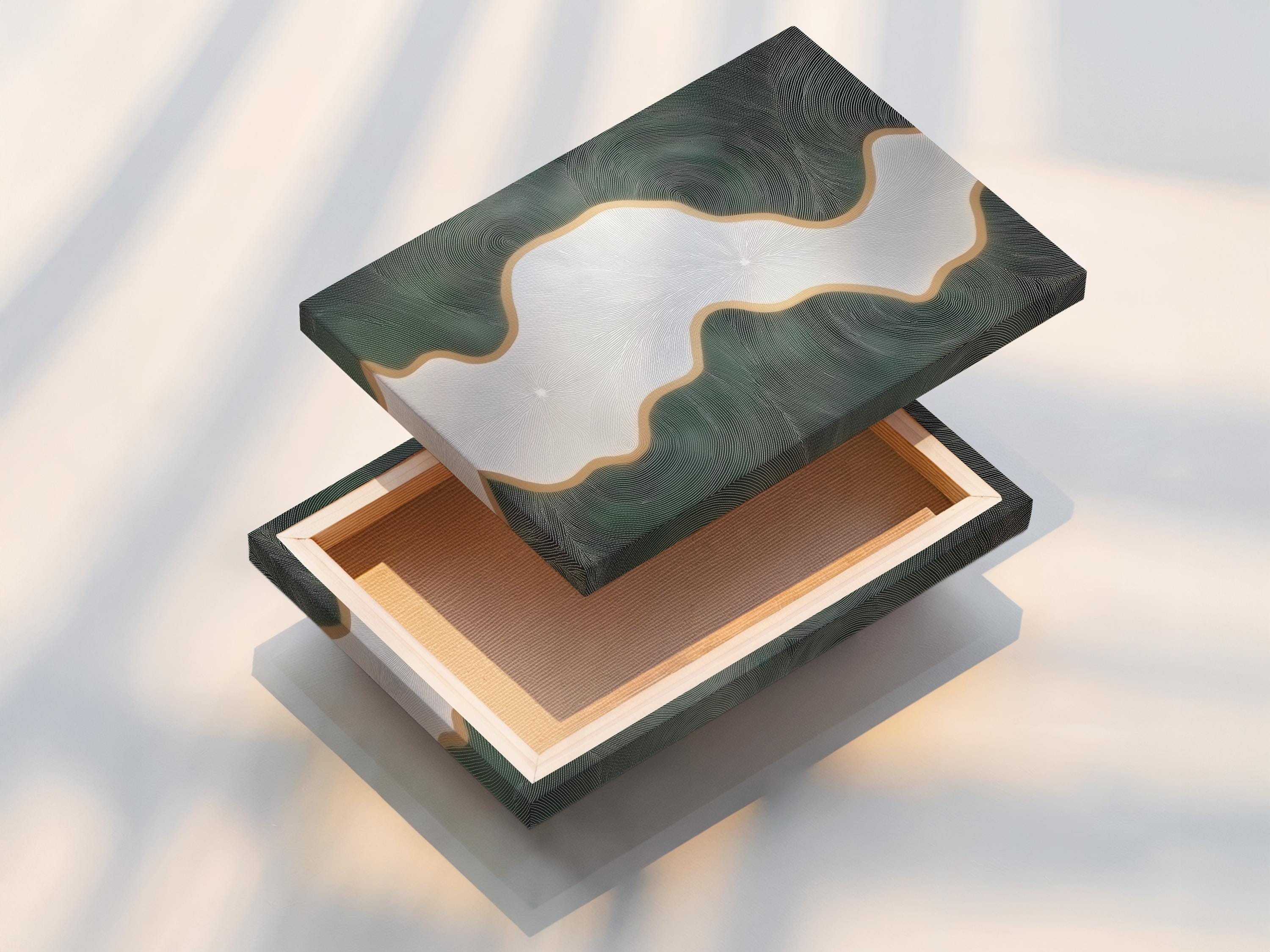 Minimalist abstract river flow artwork with ivory channel and sage-green ripple texture detail view