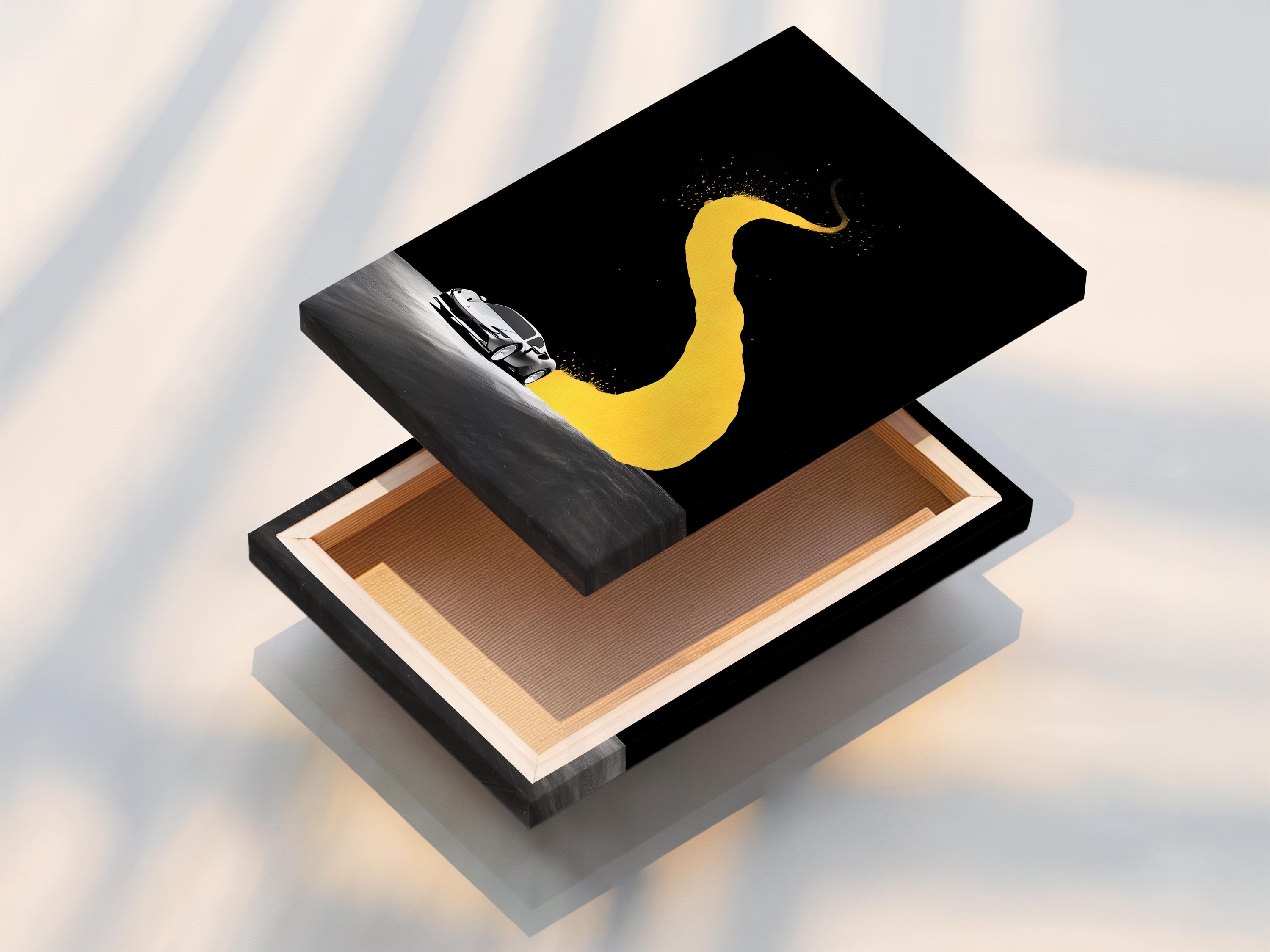 Stylised sports car on a dark road with a looping yellow track shape detail view