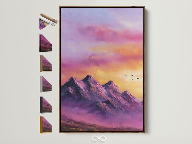 Purple and pink mountain sunset landscape with small birds in flight