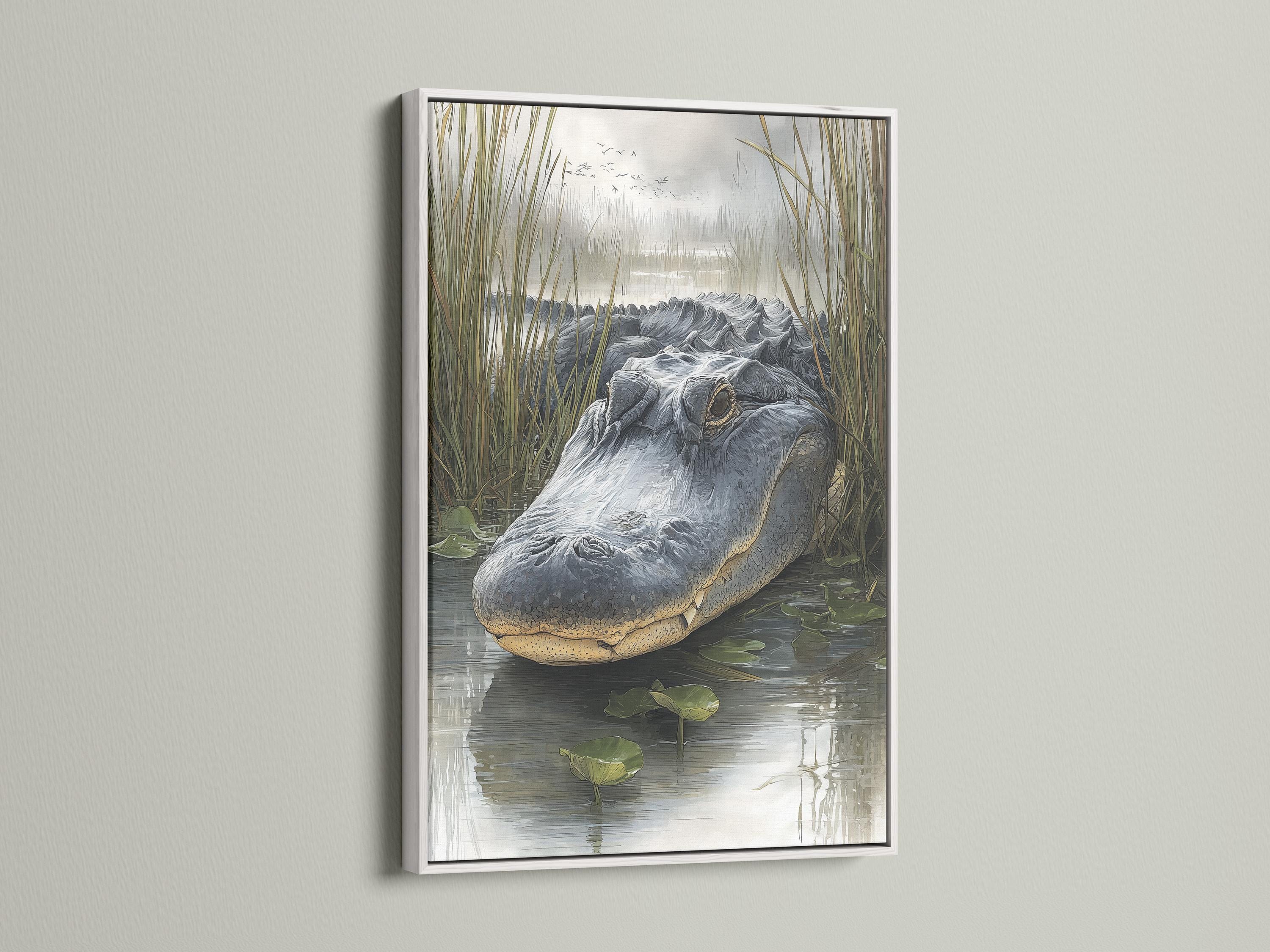 Grey alligator in a swamp scene with tall reeds, lily pads and water reflections detail view