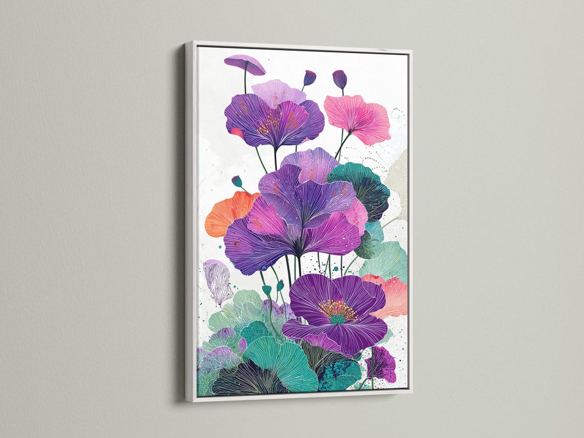 Botanical wall art showing purple flowers with teal leaves and pink accents in a framed layout