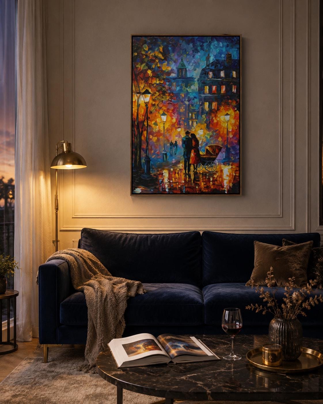Room mockup showing a framed impressionist city street artwork on a wall