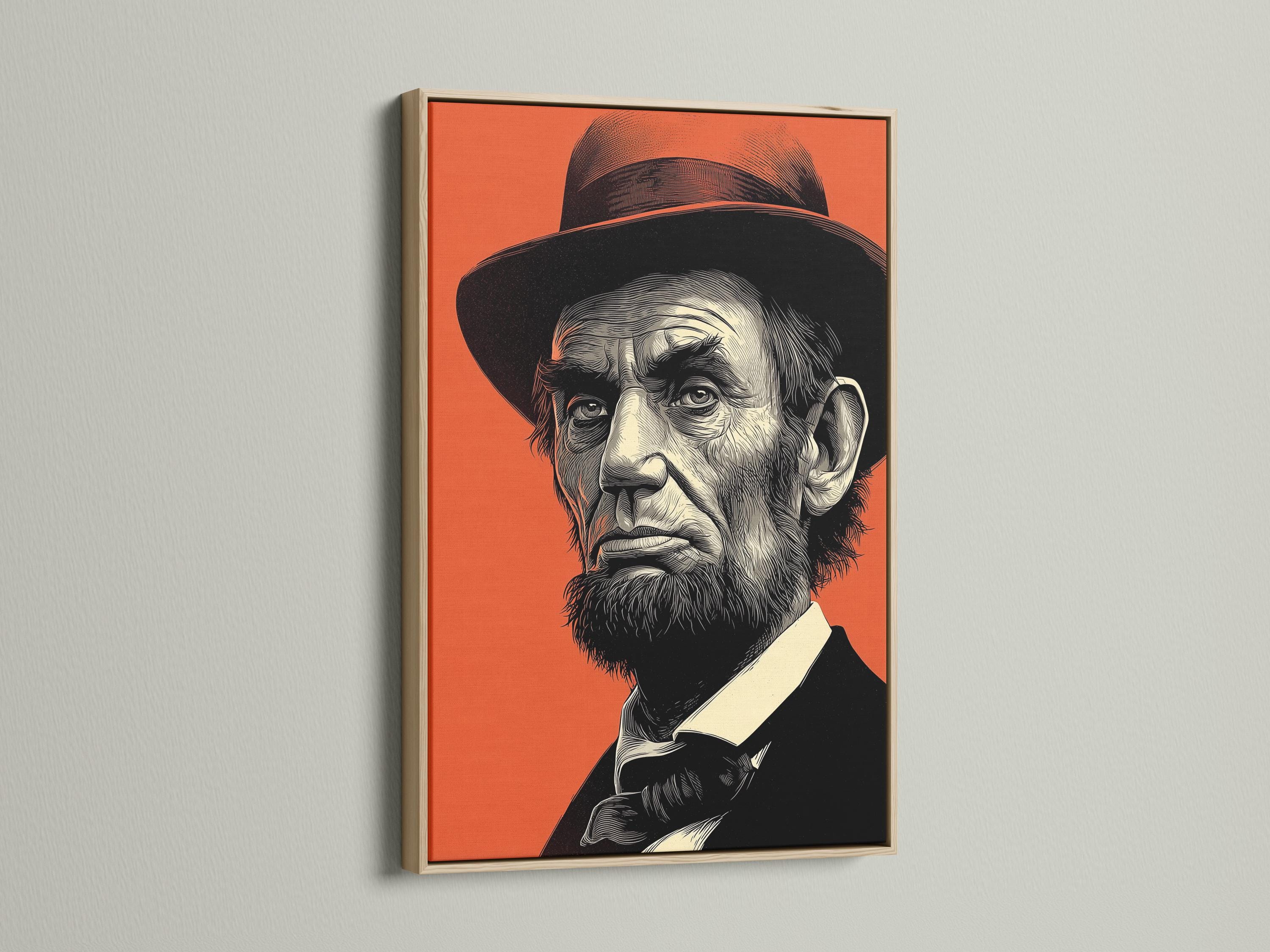 Mockup showing an orange and black engraved portrait artwork on a wall
