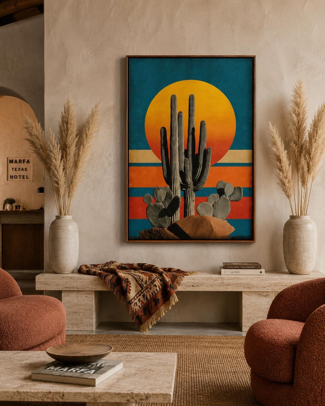 Illustration of a tall cactus with rounded pads beneath a large golden sun over teal and terracotta stripes detail view