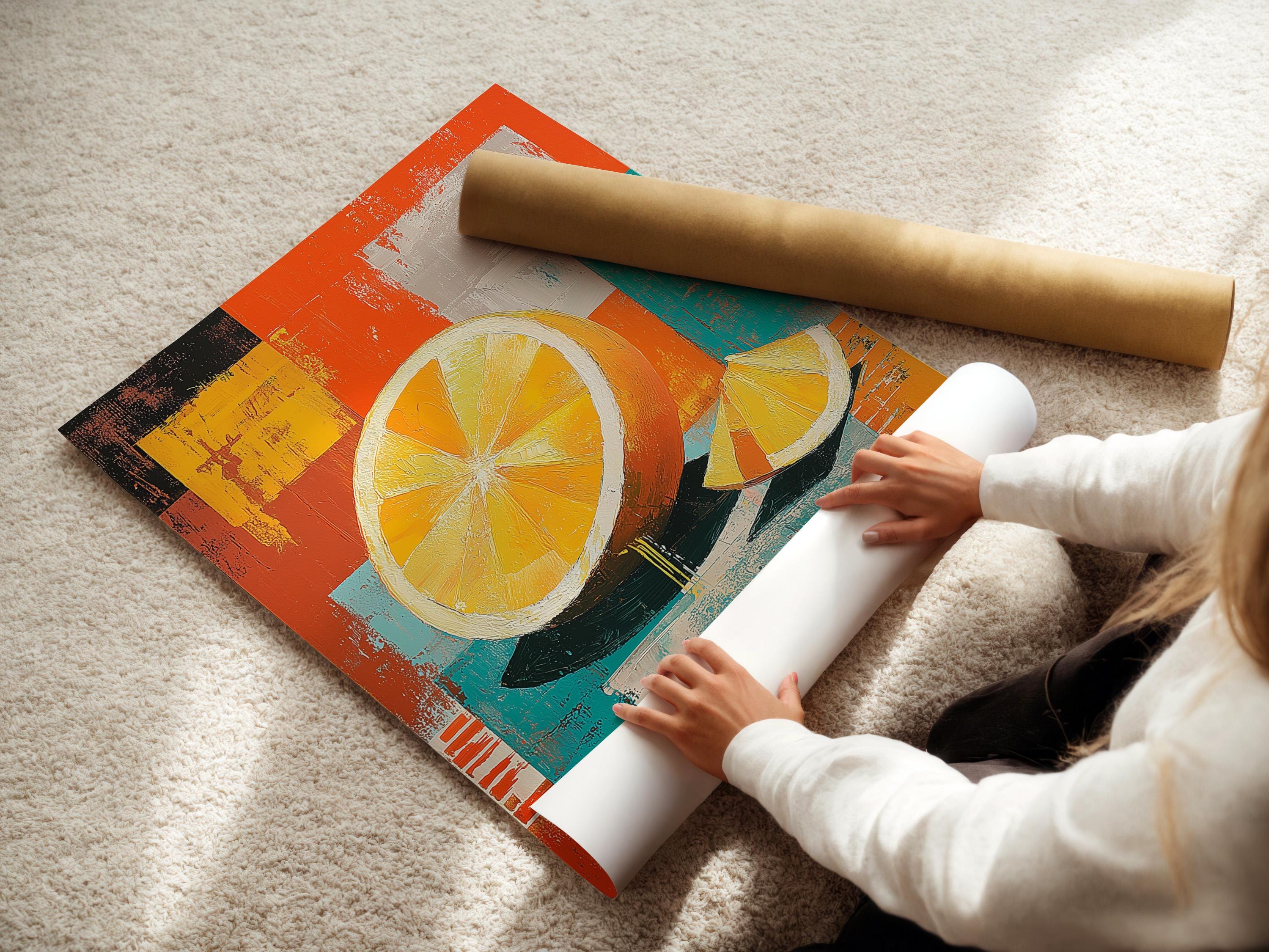 A bold orange-yellow citrus slice motif sits over layered patchwork blocks in orange, teal, yellow and charcoal, with painterly, distressed textures