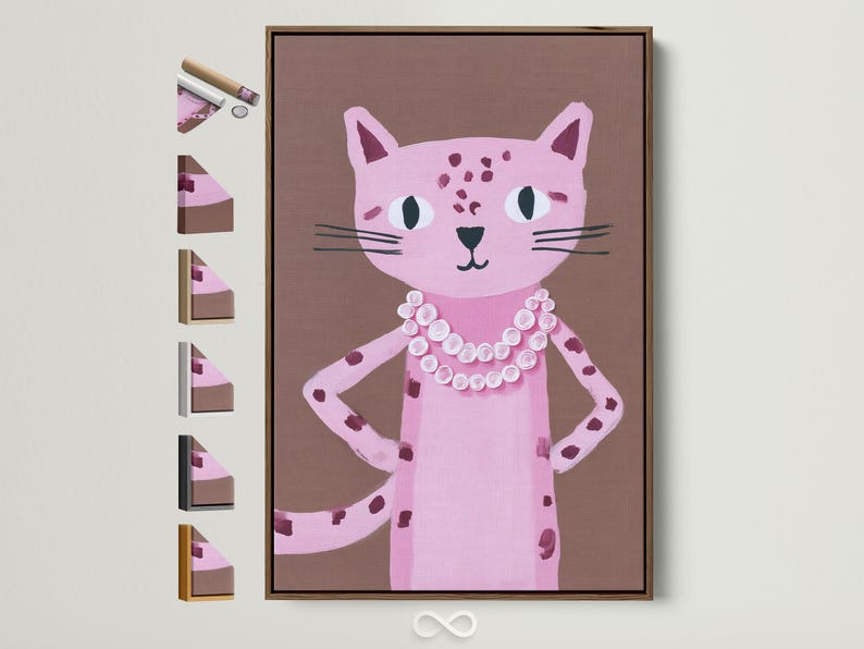 Portrait of a pink cat with large eyes and a white and pink rosette collar on a taupe background