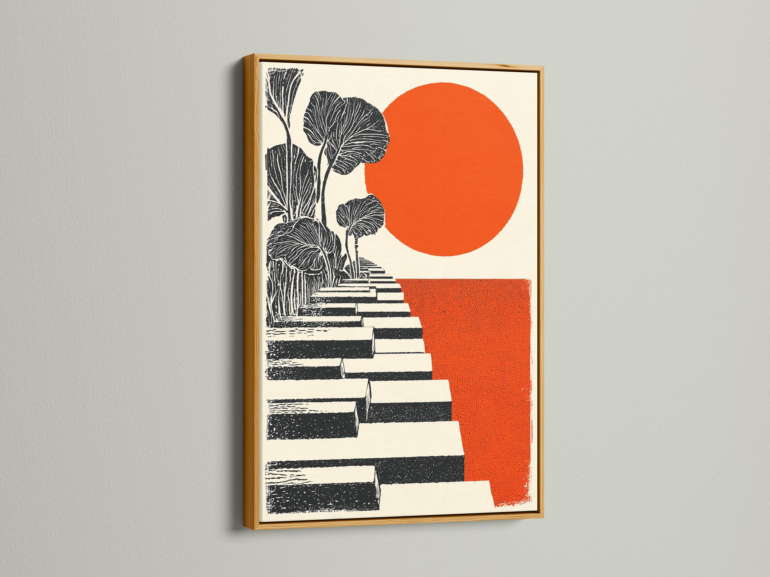 Orange sun with black botanical tree and diagonal stepped blocks artwork detail view