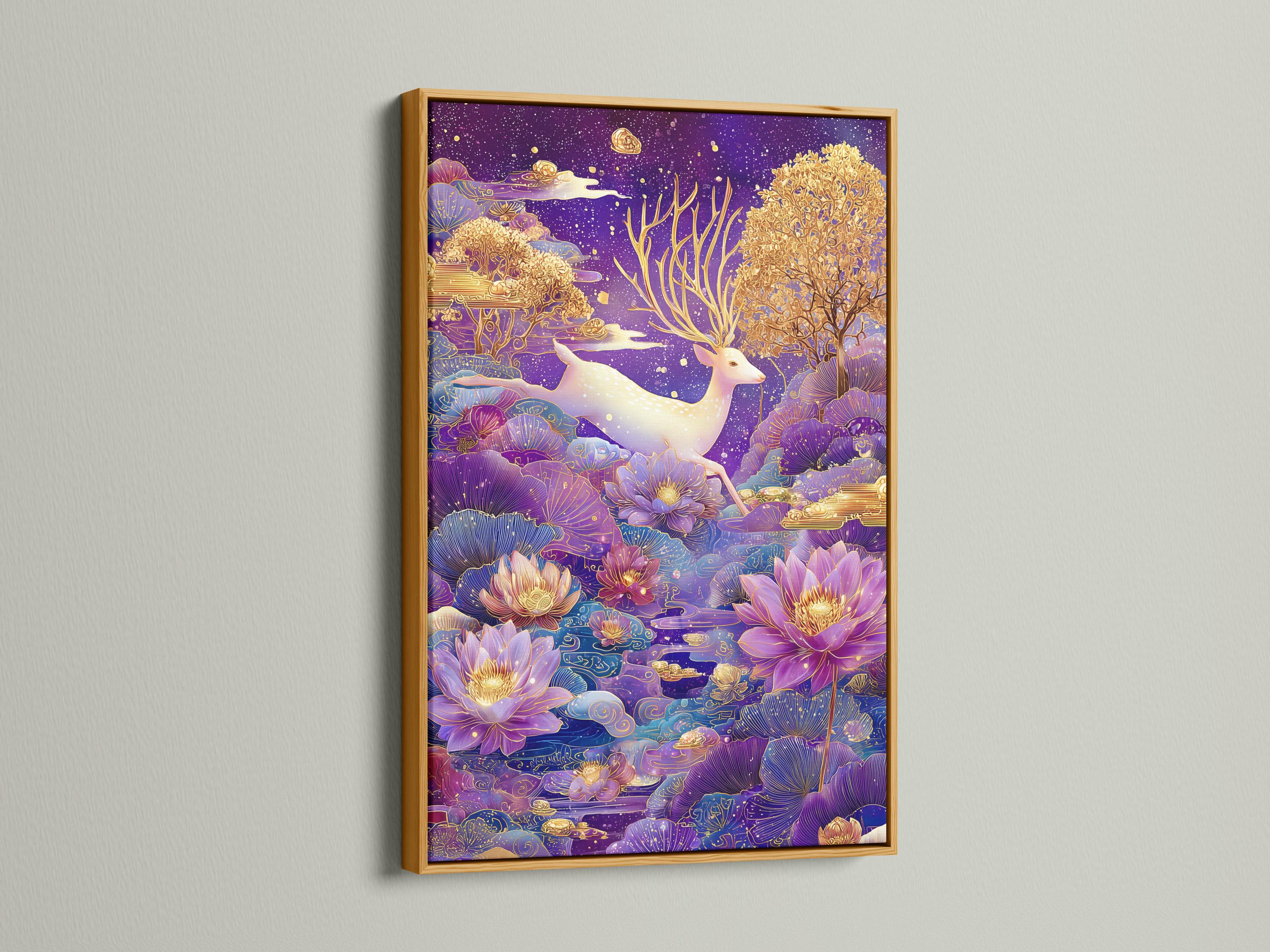 Stylised deer with gold antlers among purple lotus flowers under a starry night sky detail view