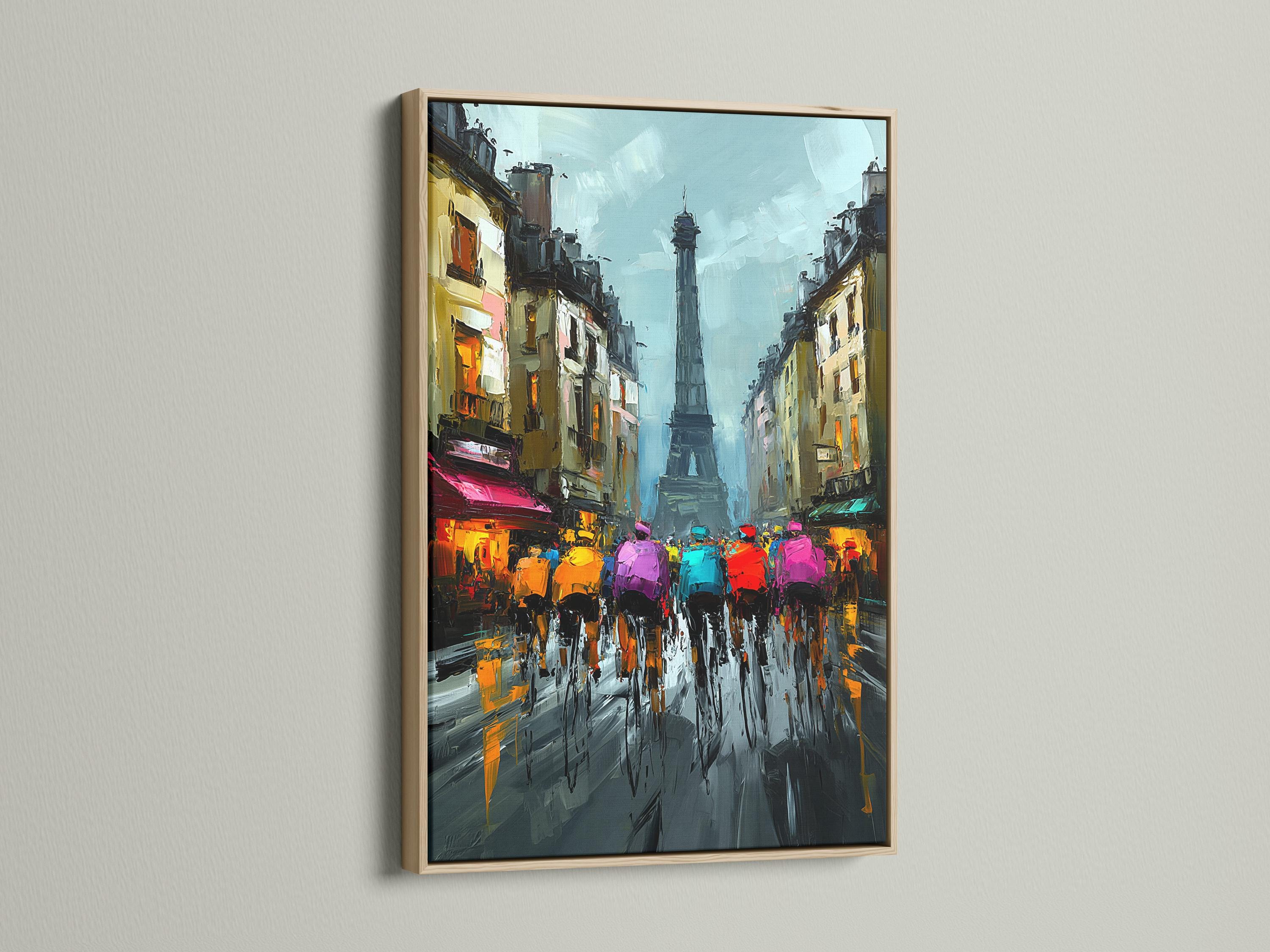 Wall mockup showing a framed Paris tower cityscape artwork with blue and pink colours