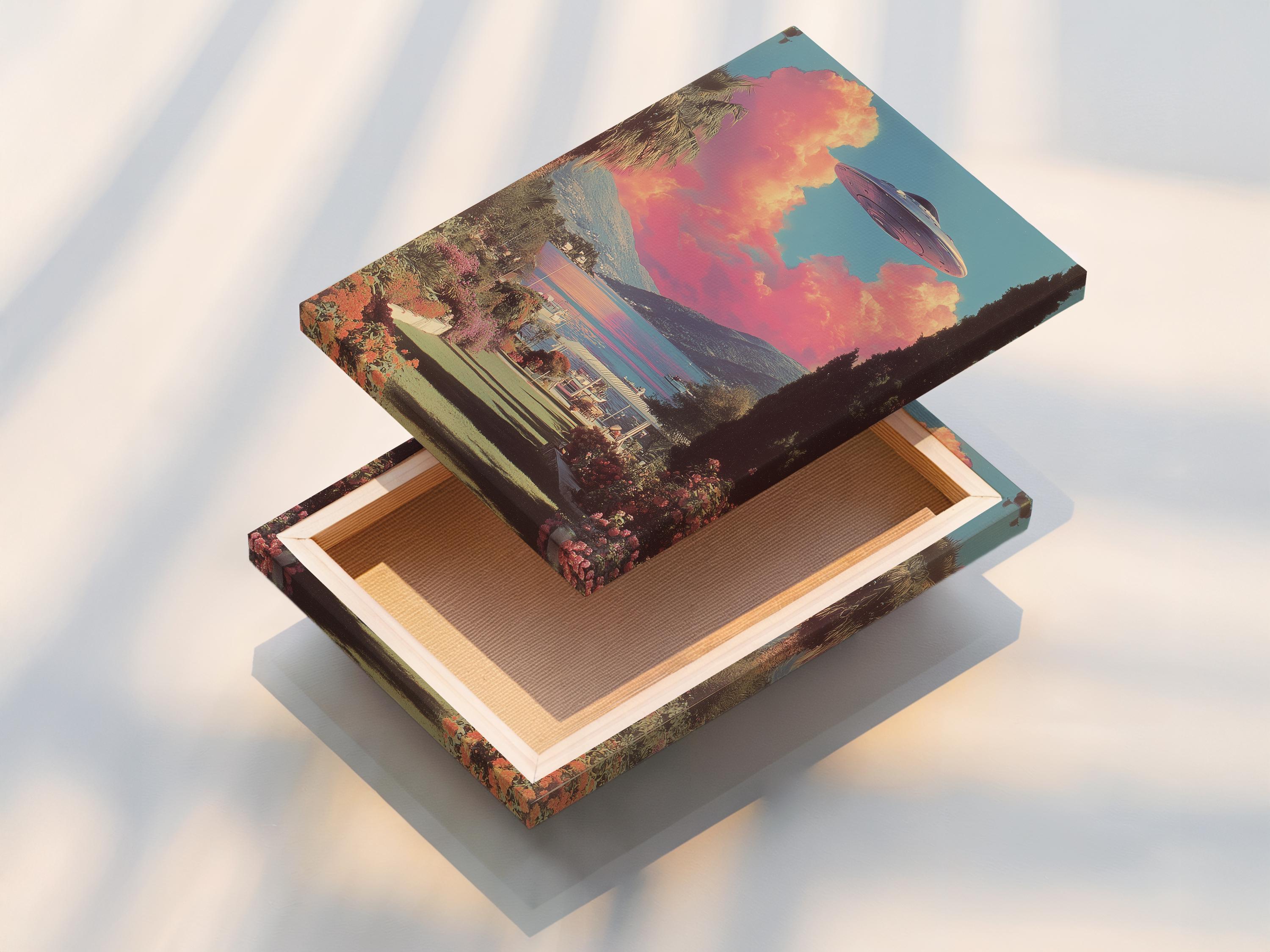 Wall mockup featuring a retro sci-fi UFO lake landscape
