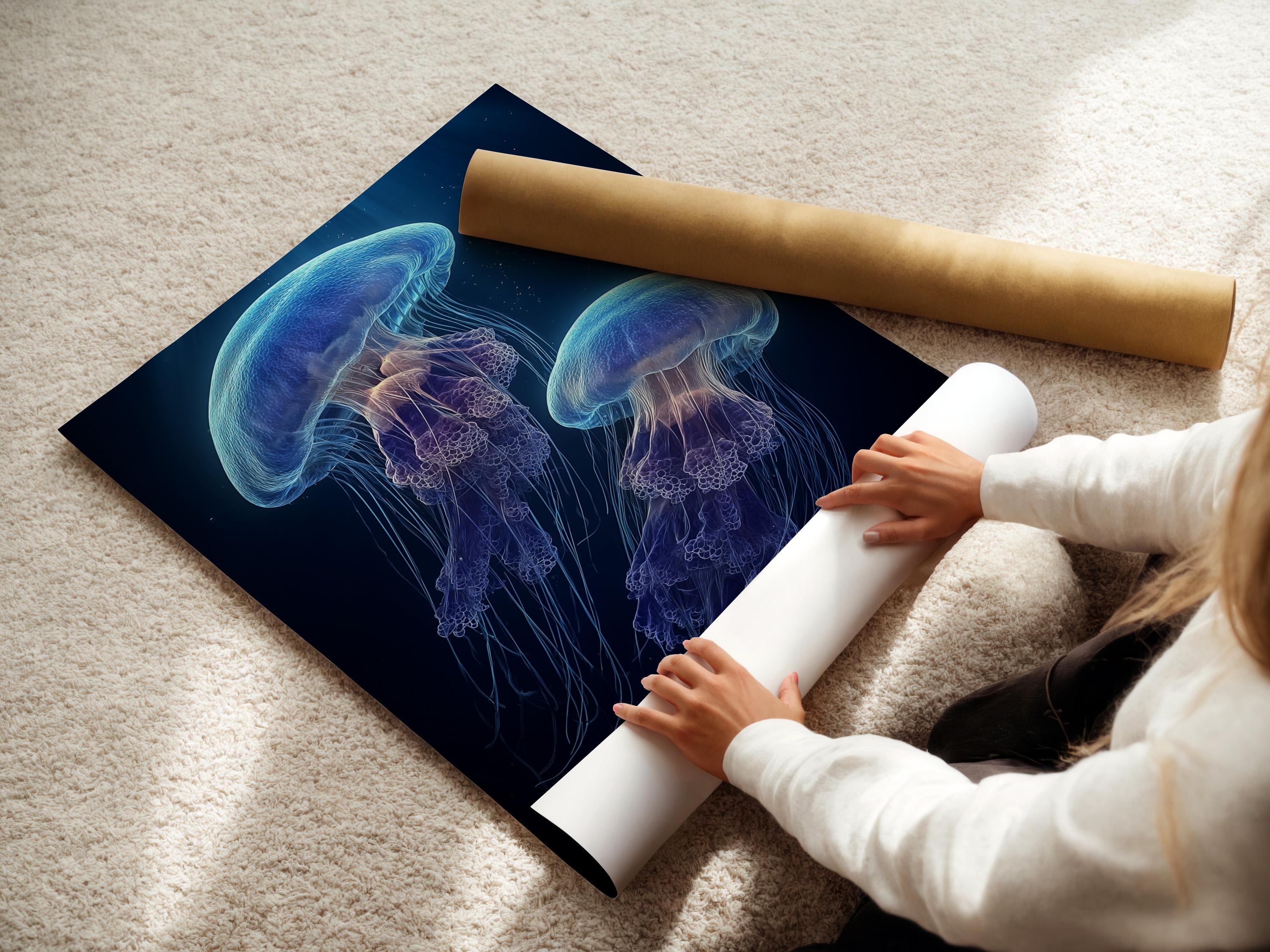 Room mockup showing a framed jellyfish artwork on a wall