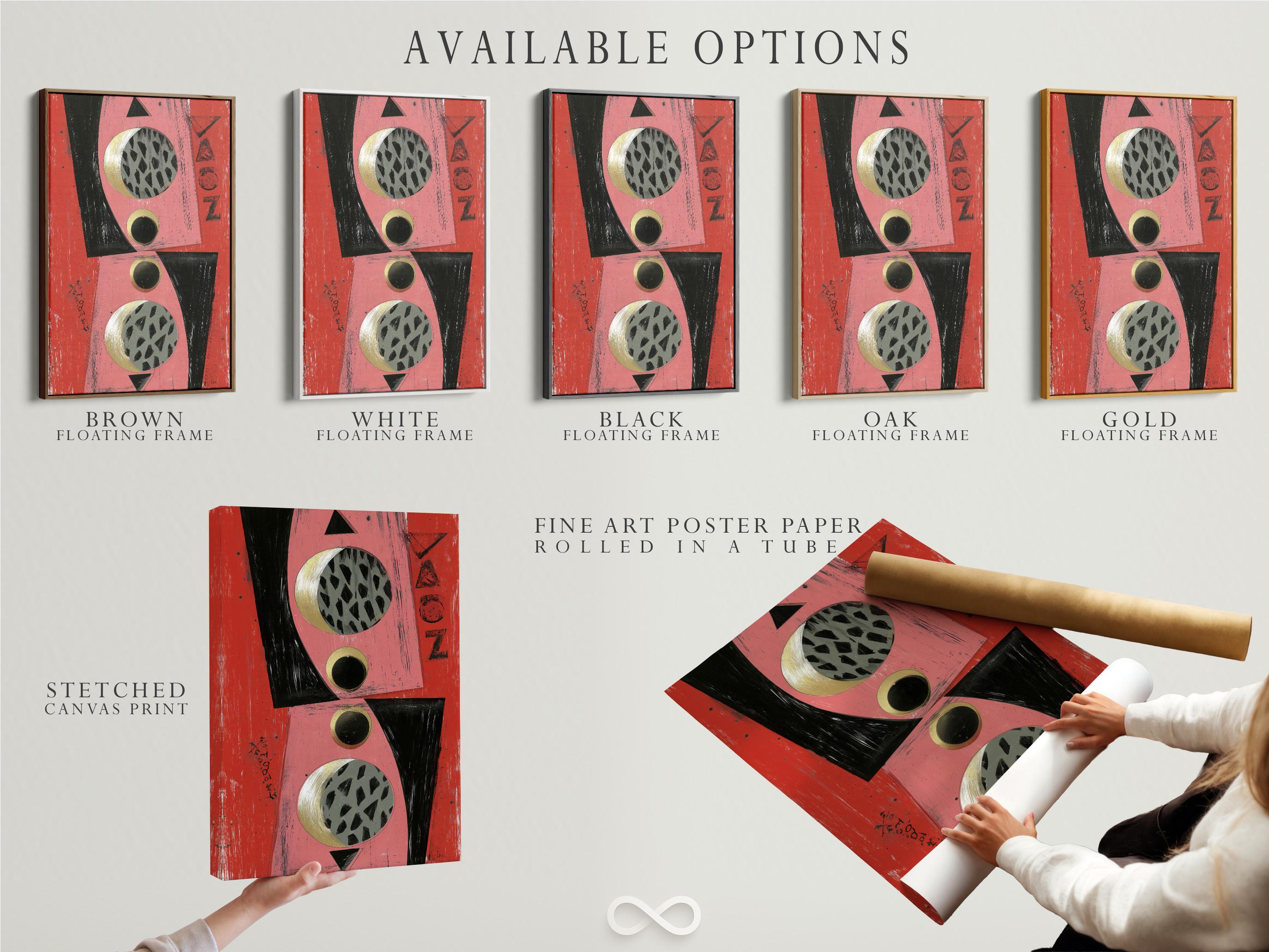 Abstract geometric artwork with coral and pink background, black shapes and gold-ring circles detail view