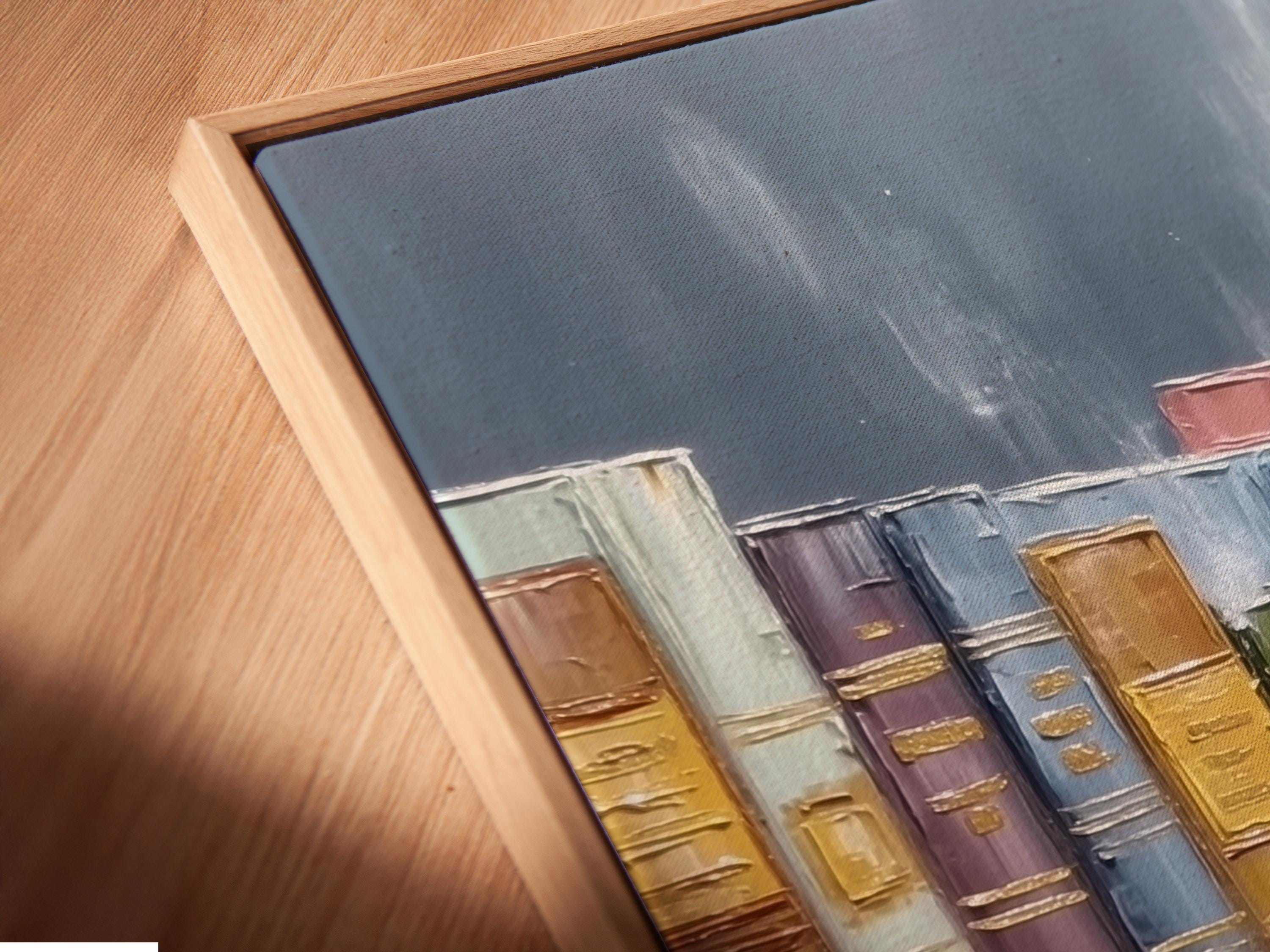 Painterly still life of stacked books and coffee cups with a teapot detail view