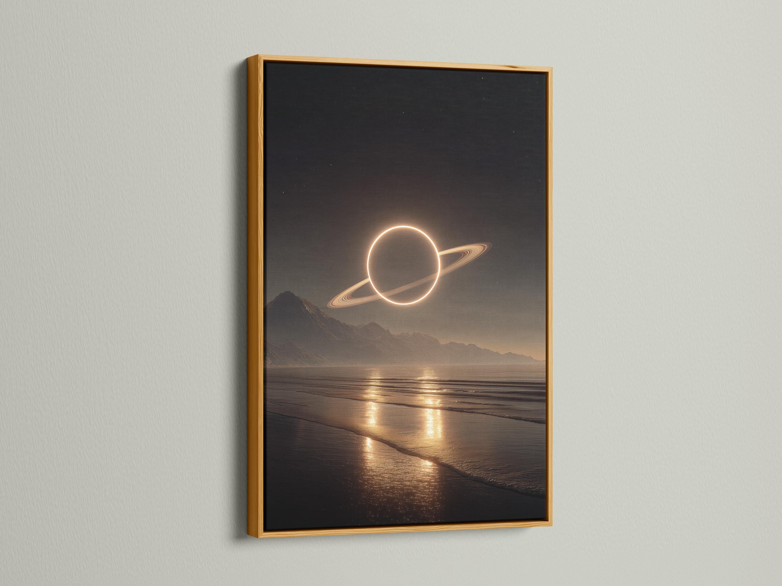 A glowing Saturn-like planet and luminous ring hover above a moonlit beach landscape with dark mountains and a shimmering shoreline detail view