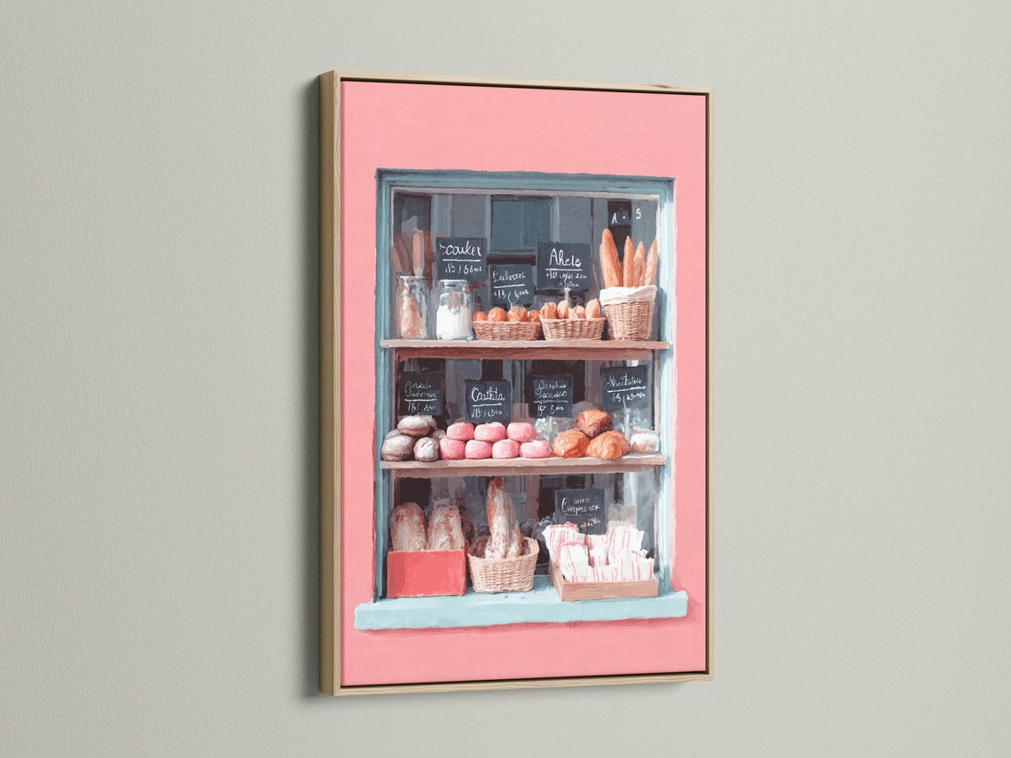 Pastel bakery window painting with pastries and handwritten menu signs detail view