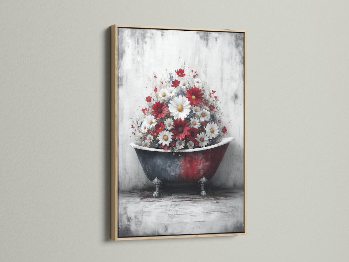 Vintage bathtub filled with red and white daisies on a distressed grey background detail view
