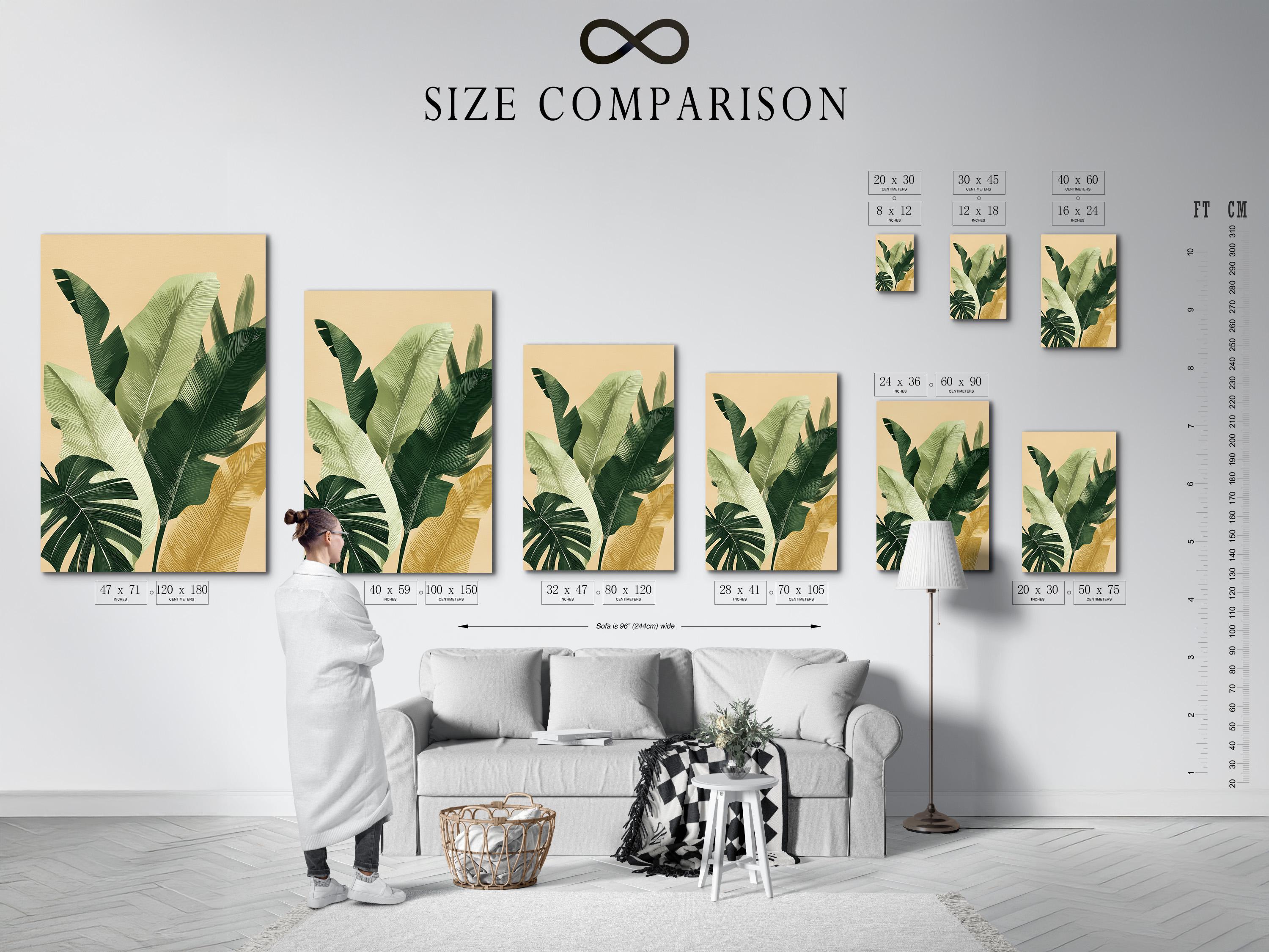 Botanical leaf artwork shown on a framed wall display with additional product views around it