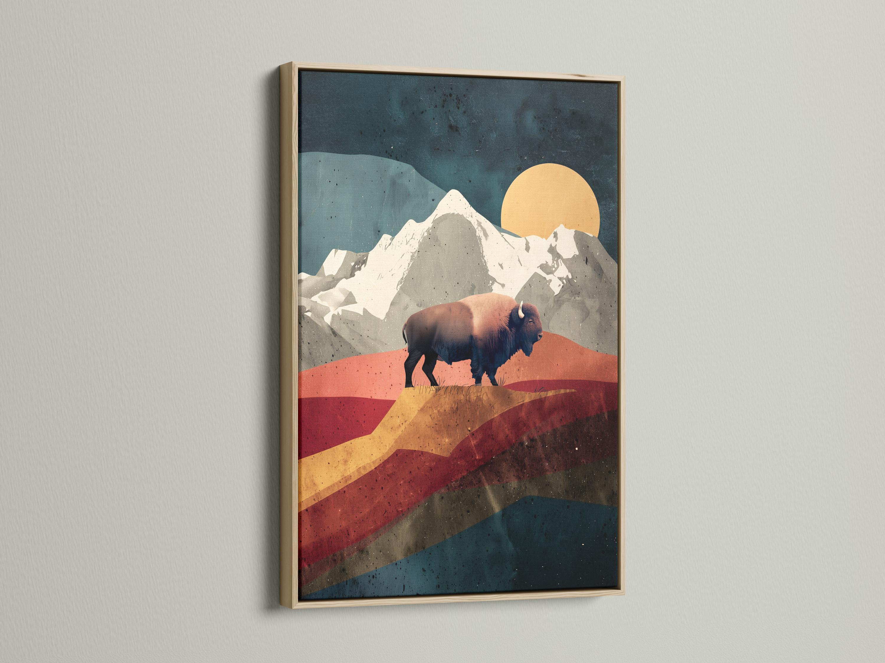 A bison stands in front of stylised mountains under a large round sun detail view