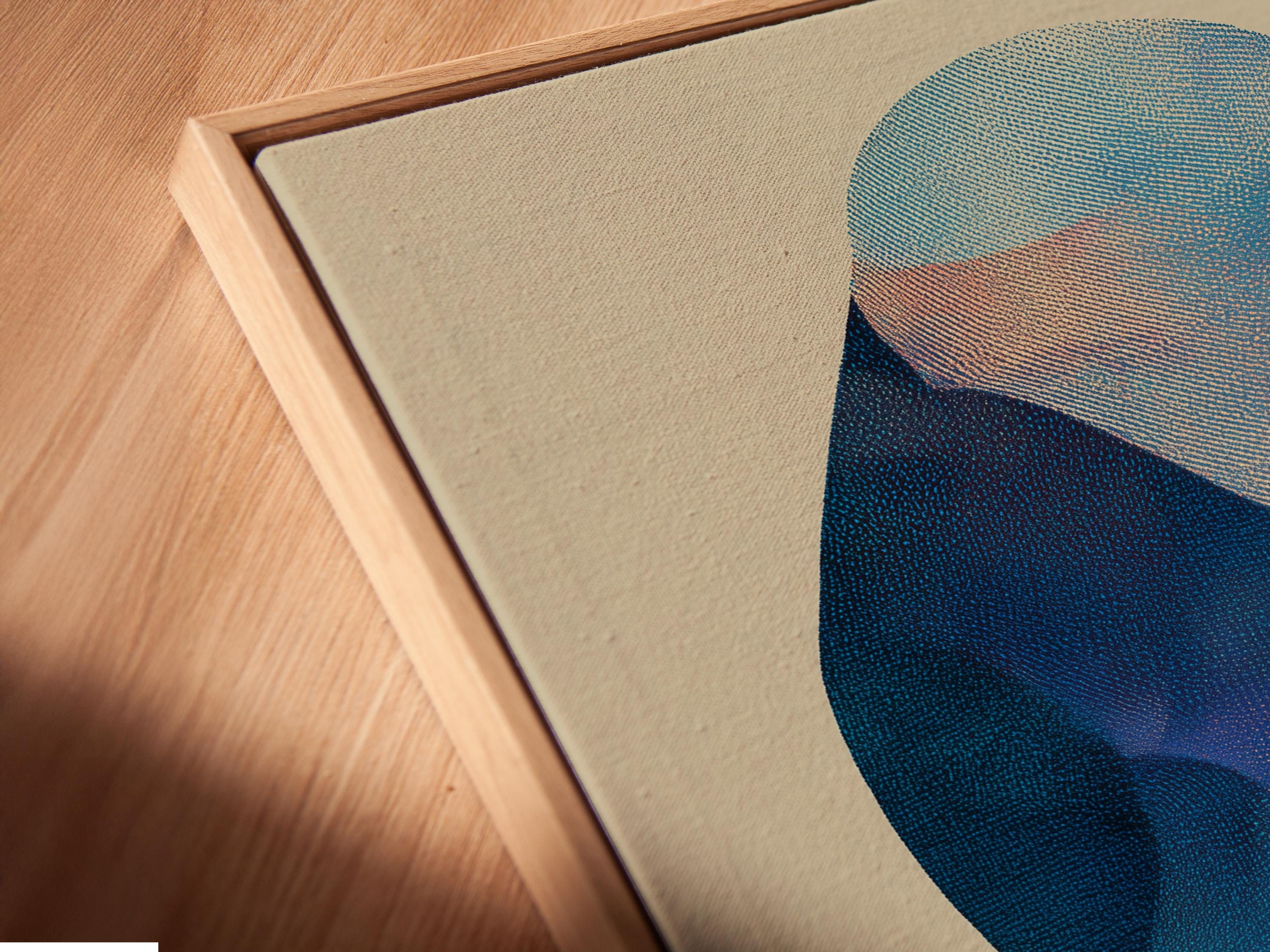 Abstract beige artwork with layered blue and teal circular shapes and a stippled texture detail view