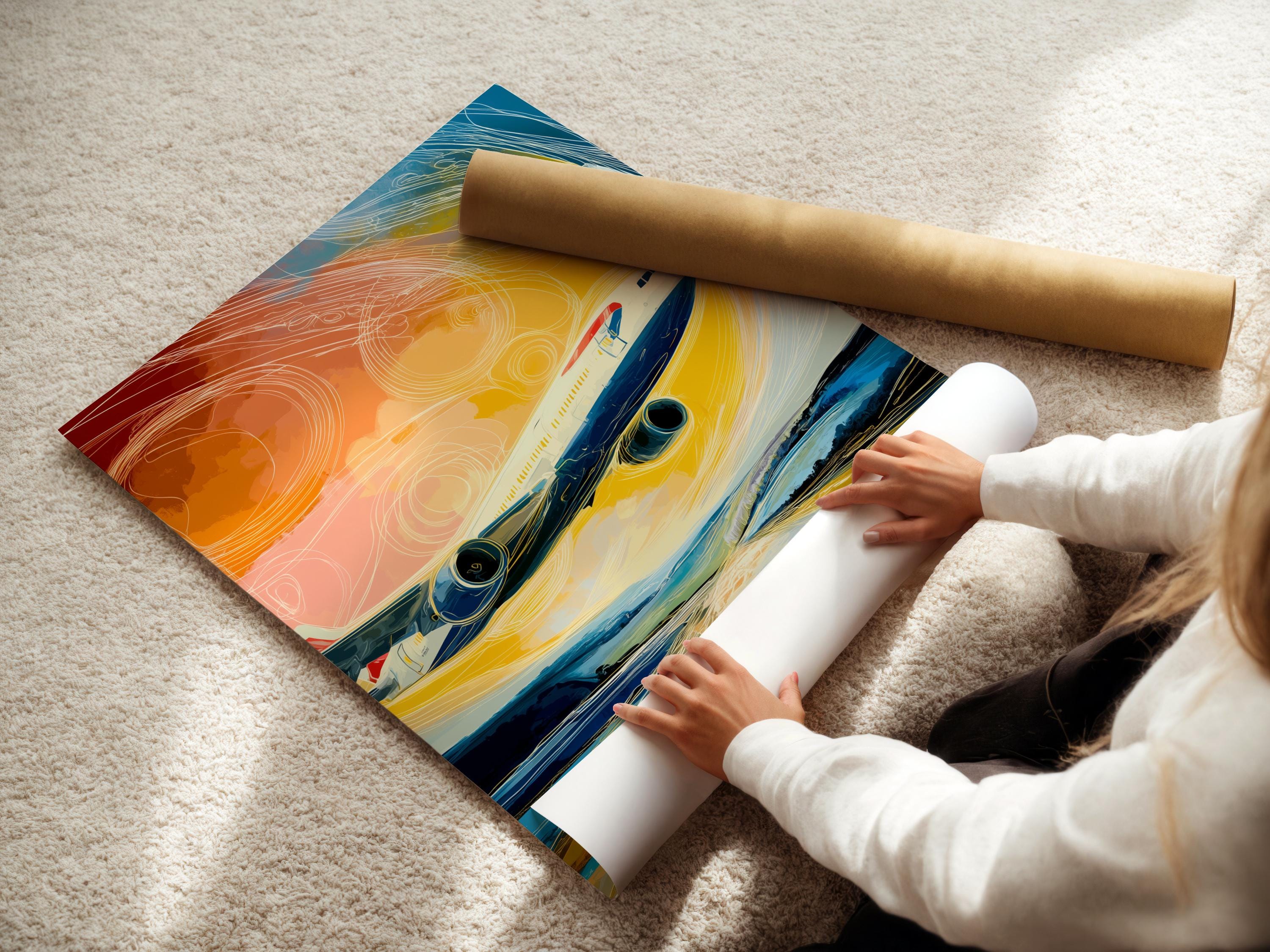 Stylised airplane illustration with swirling yellow, orange and blue lines detail view