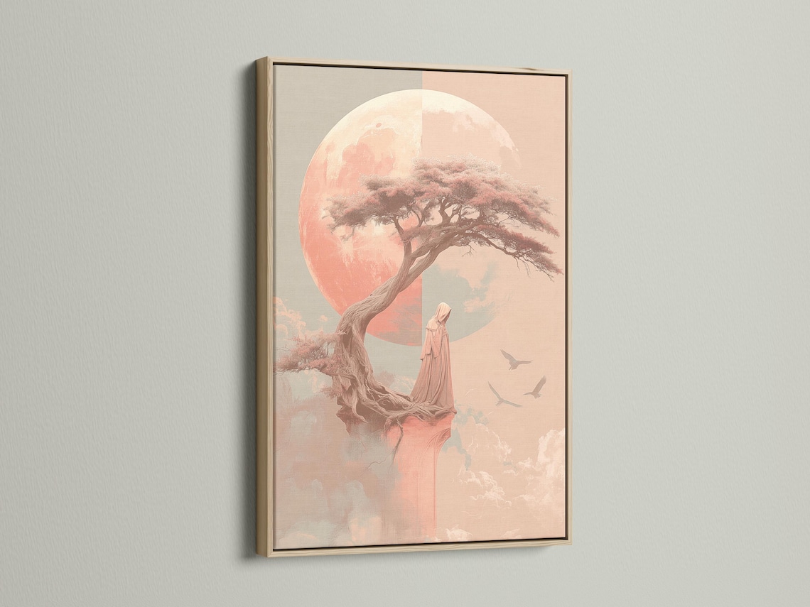 Coral pink moonlit tree with a robed figure and birds in flight detail view