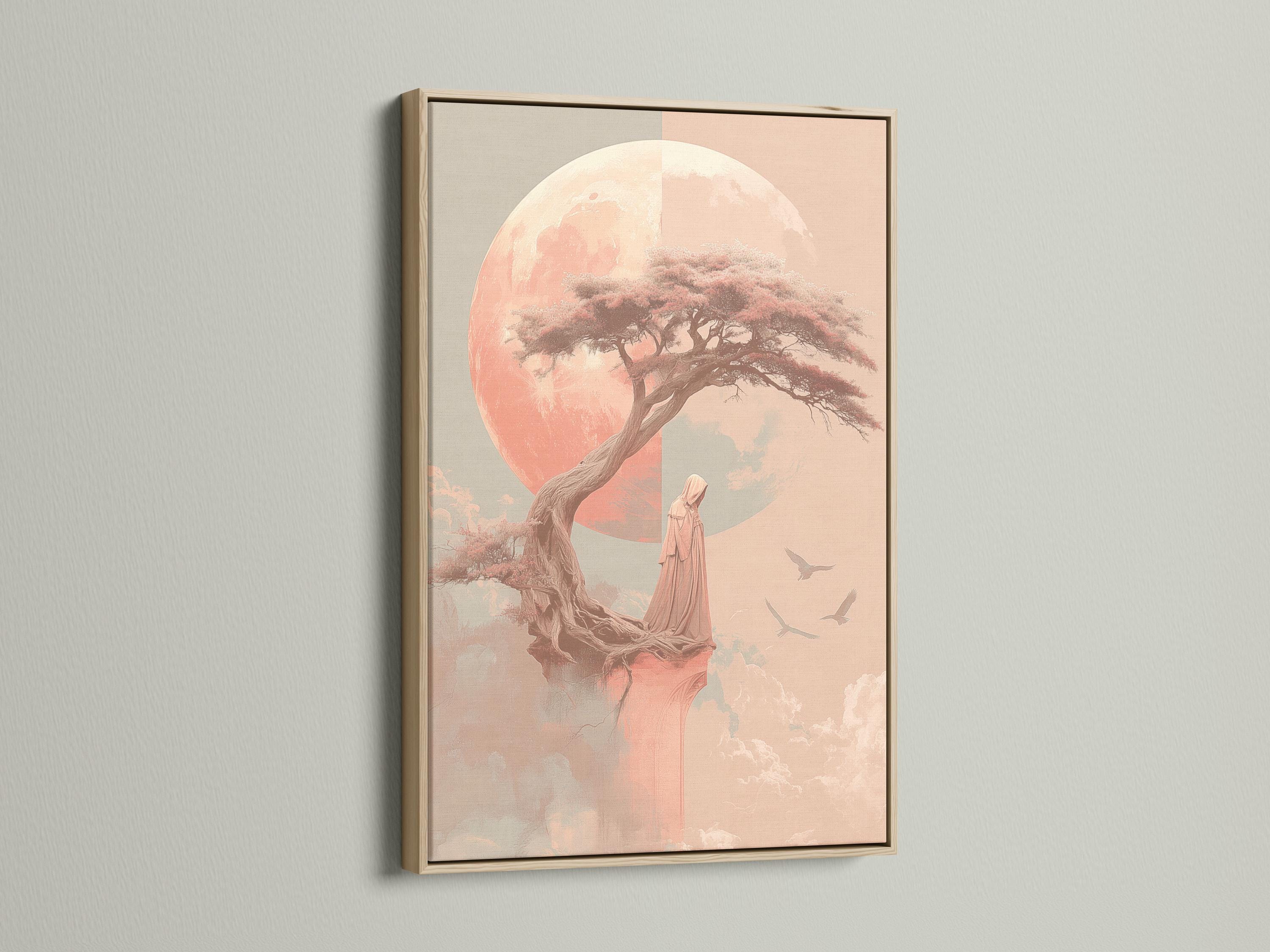 Coral pink moonlit tree with a robed figure and birds in flight detail view