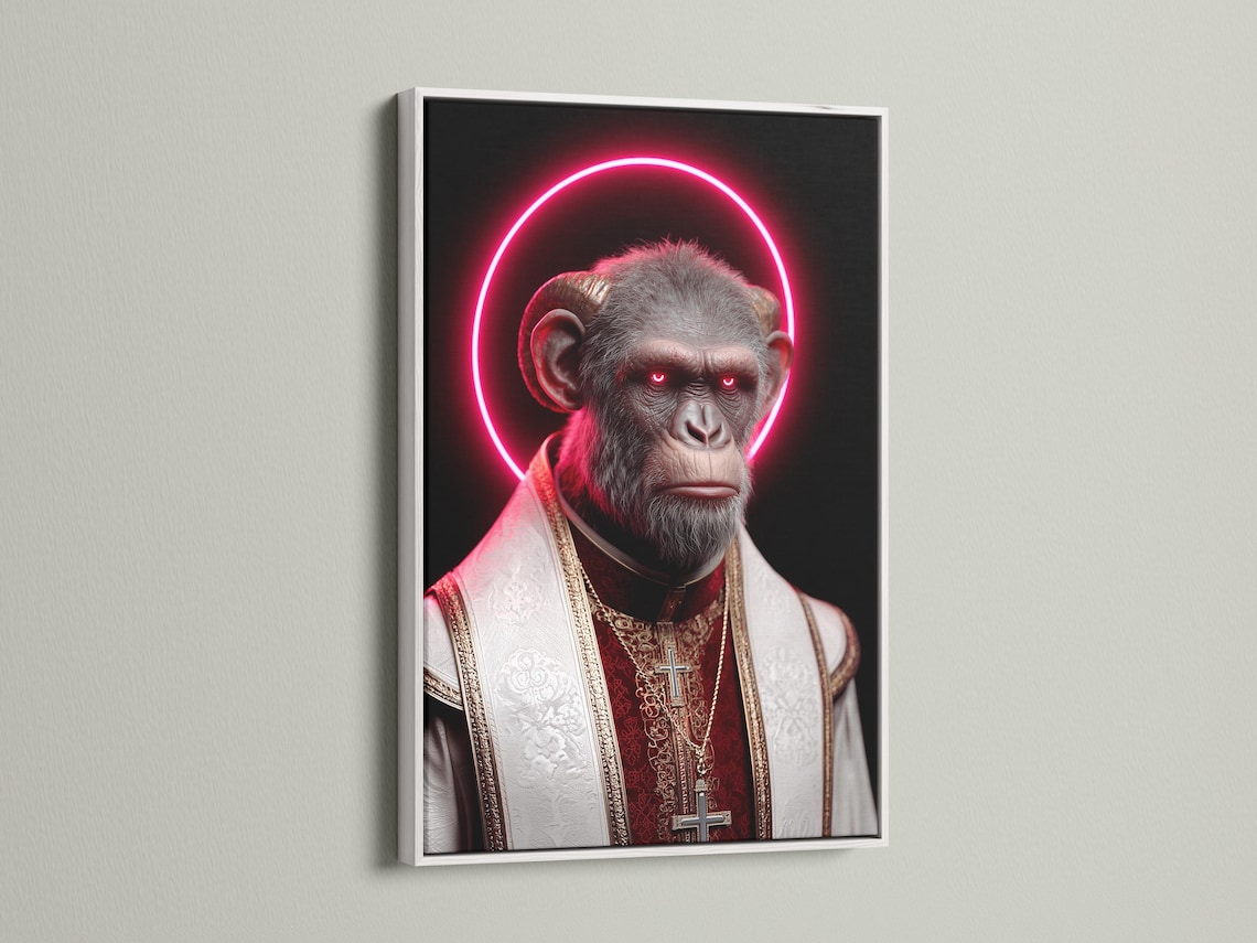 Surreal monkey portrait with a bright pink neon halo and red-and-gold robes detail view
