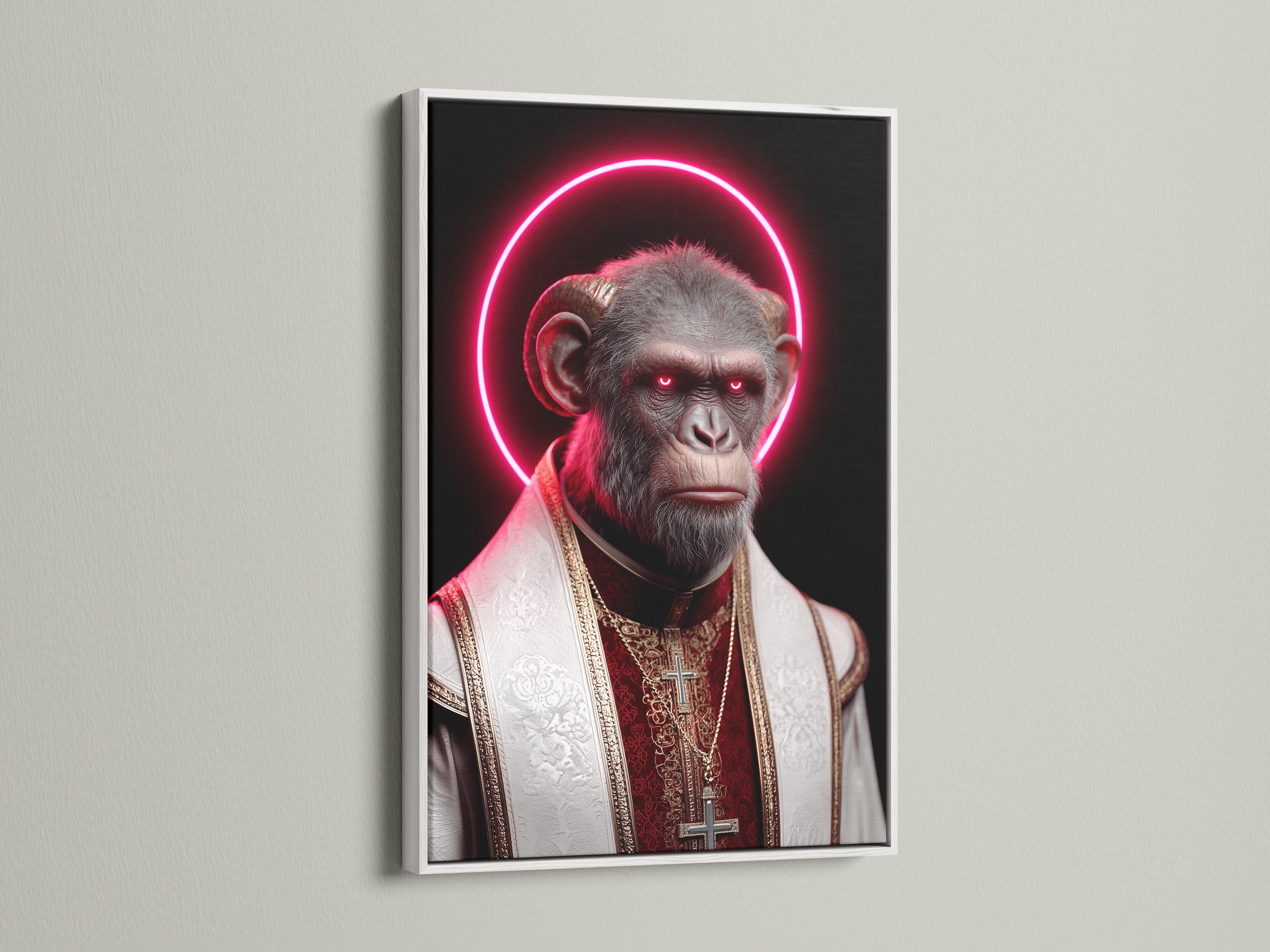 Surreal monkey portrait with a bright pink neon halo and red-and-gold robes detail view