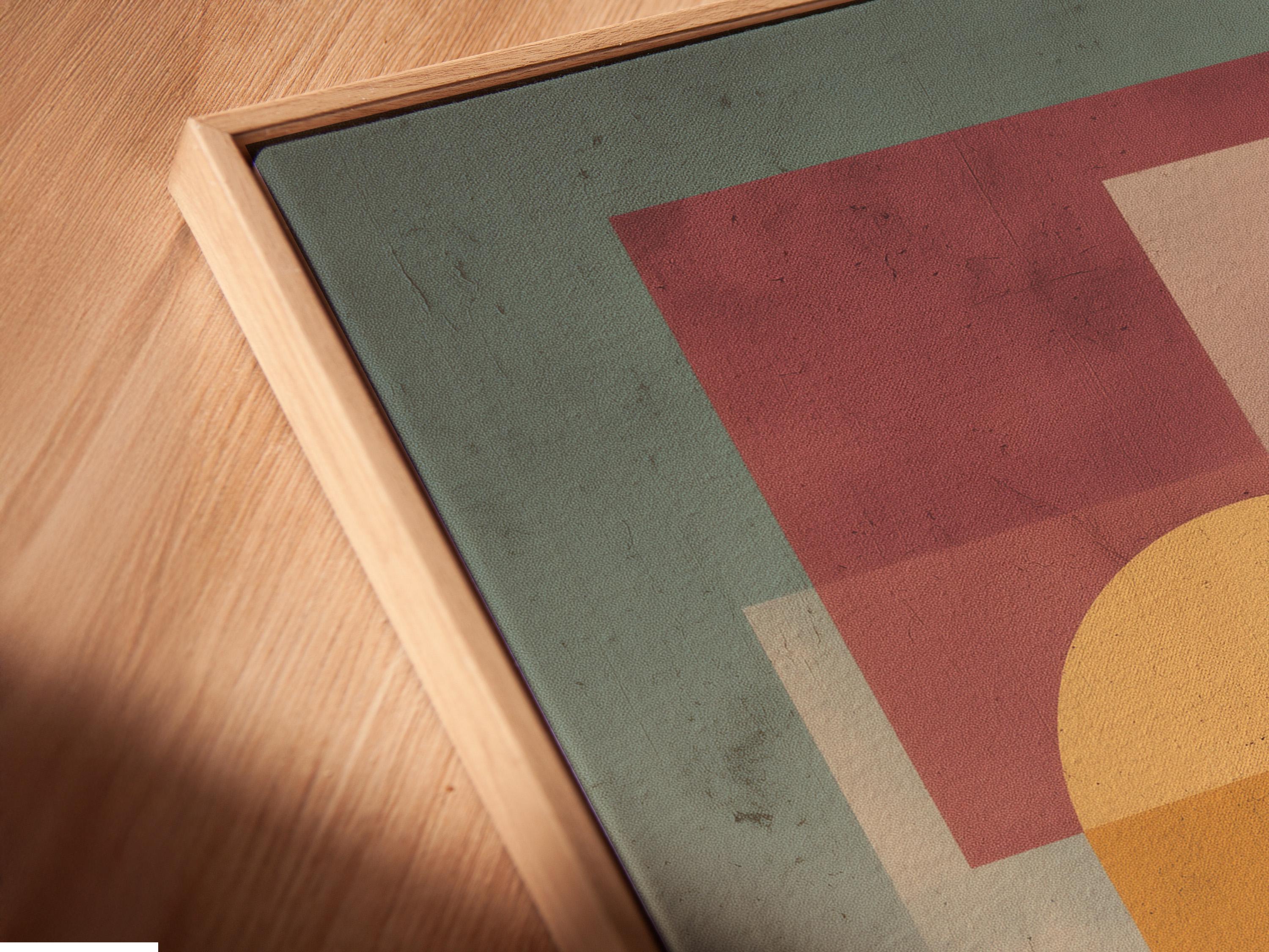 Geometric ocean sunset seascape with a silhouetted figure on a sandy shore detail view