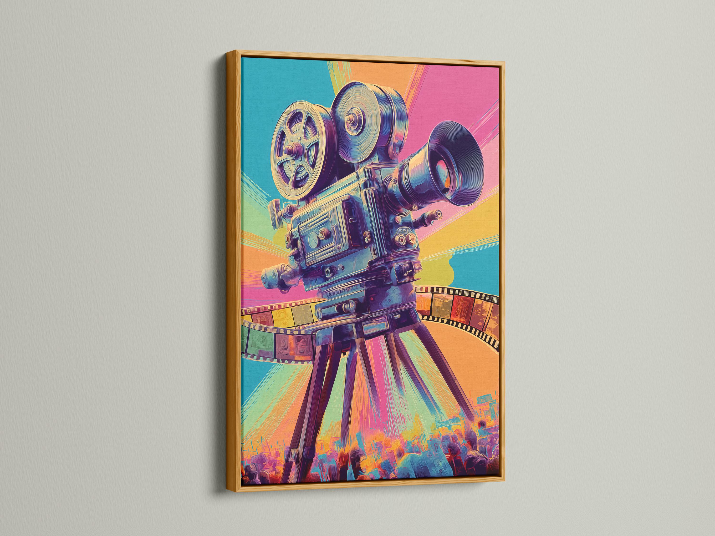 Stylised vintage movie camera in turquoise, hot pink and purple with a curved film strip detail view