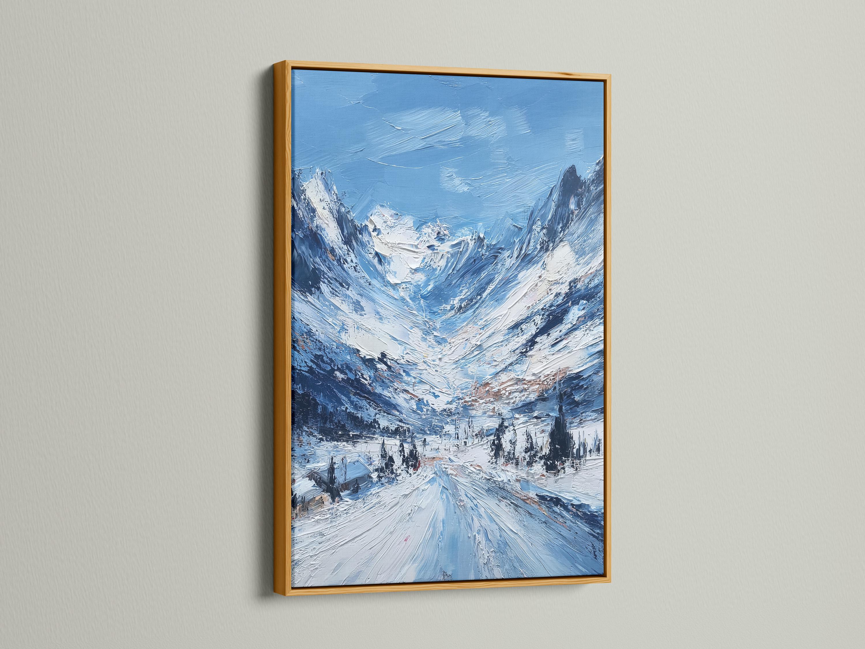 Mockup showing a framed snowy mountain artwork against a light background with rolled print pieces